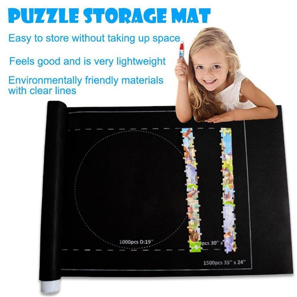 Ein Mädchen hält einen Marker über einer schwarzen Puzzlematte. Die Matte hat einen Kreis und Umrisse von Puzzleteilen.