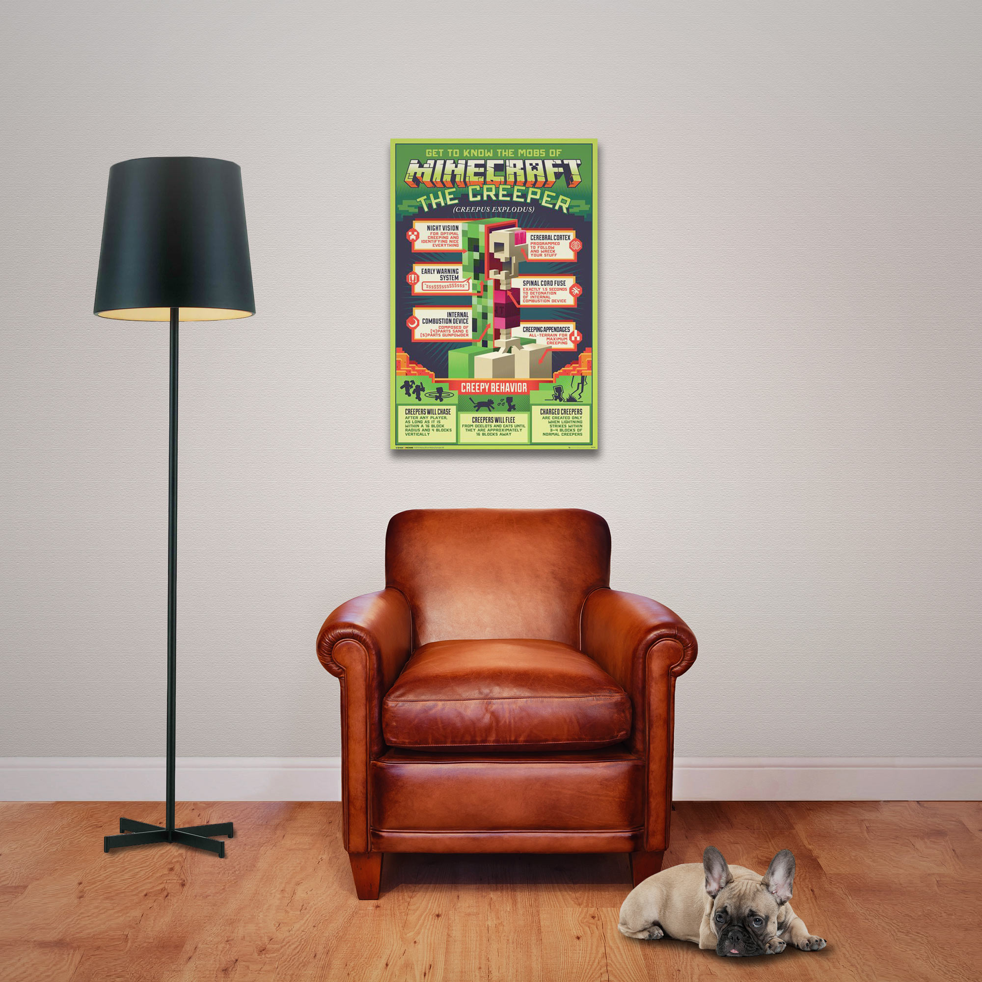 Ein Raum mit Stehlampe, braunem Ledersessel, Minecraft-Poster und französische Bulldogge auf dem Boden.
