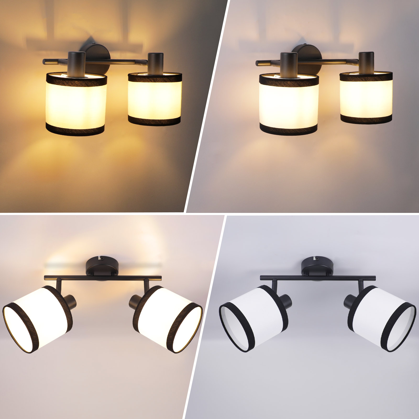 Eine Wandlampe mit zwei zylindrischen Schirmen. Die Schirme sind weiß mit schwarzem Rand, an einer schwarzen Metallstange befestigt.