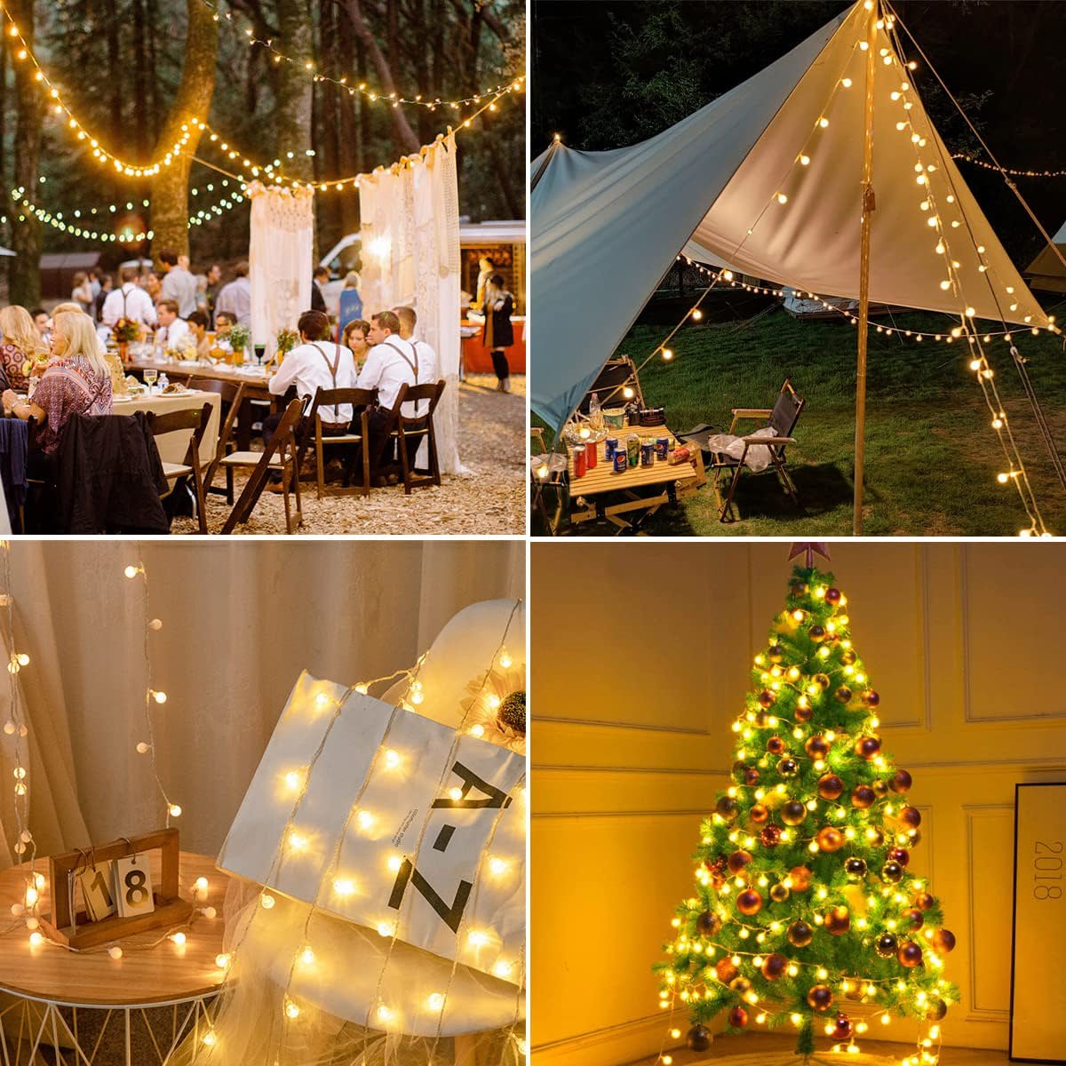 Vier Bilder mit Lichterketten. Eines zeigt eine Hochzeit, ein anderes Camping, ein drittes ein gemütliches Bett und das letzte einen Weihnachtsbaum.