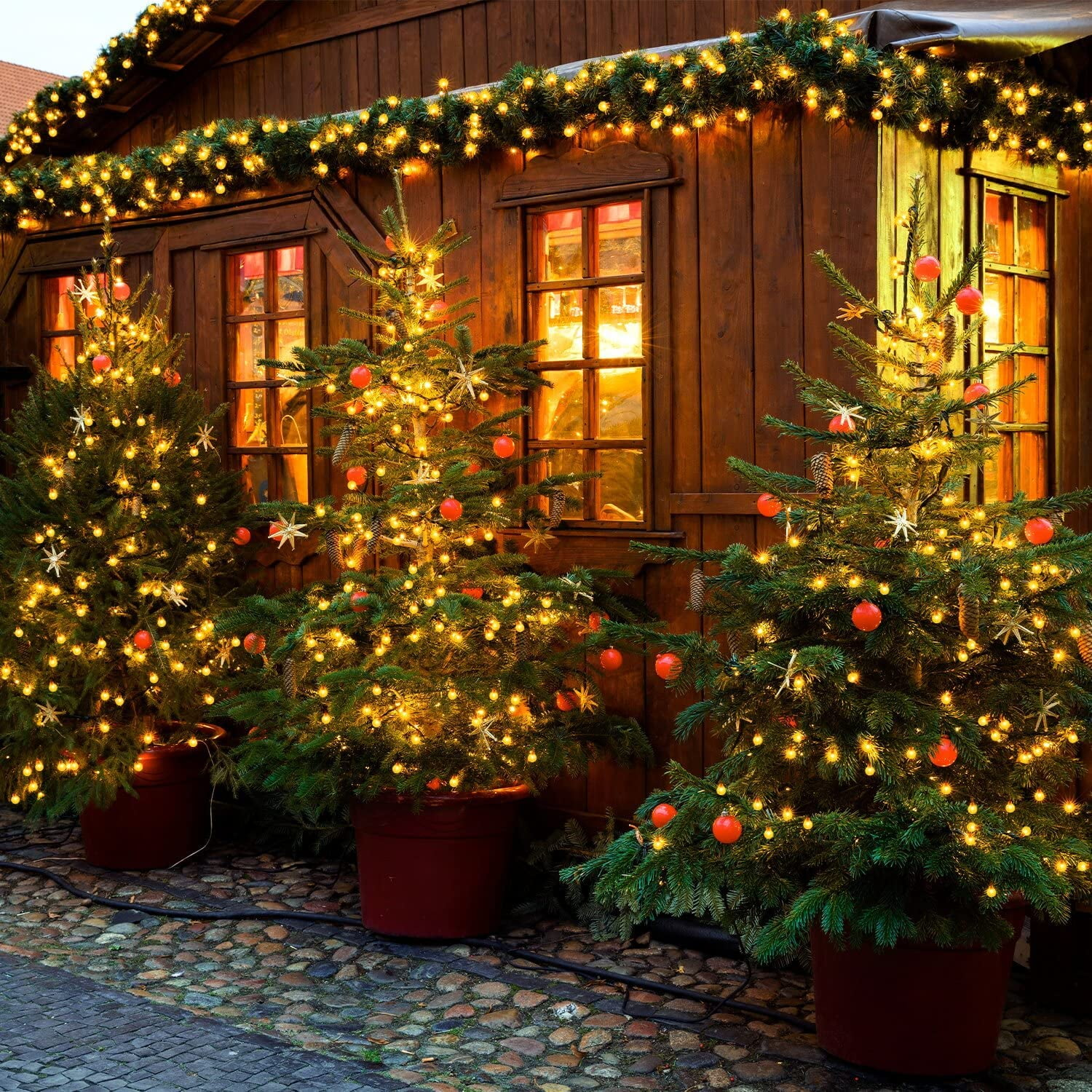 Weihnachtsmarkt mit geschmückten Tannenbäumen in Töpfen. Warme Lichter und rote Ornamente vor einem Holzgebäude mit Fenstern.