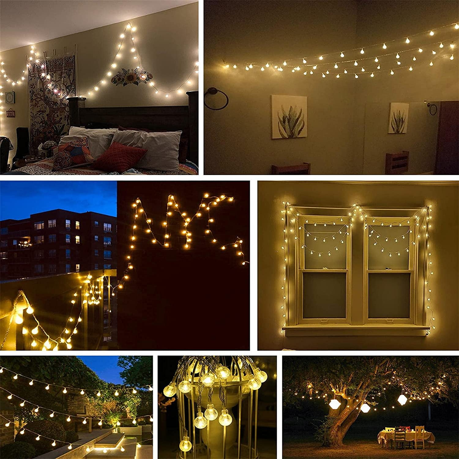 Verschiedene Szenen mit Lichterketten. Schlafzimmer, Fenster und Außenbereiche. Warme, gelbe Lichter schaffen eine gemütliche Atmosphäre.