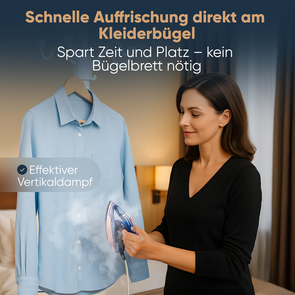 Kobieta prasuje niebieską koszulę na wieszaku żelazkiem parowym. Tekst: 'Szybkie odświeżanie na wieszaku, oszczędza czas i miejsce'.