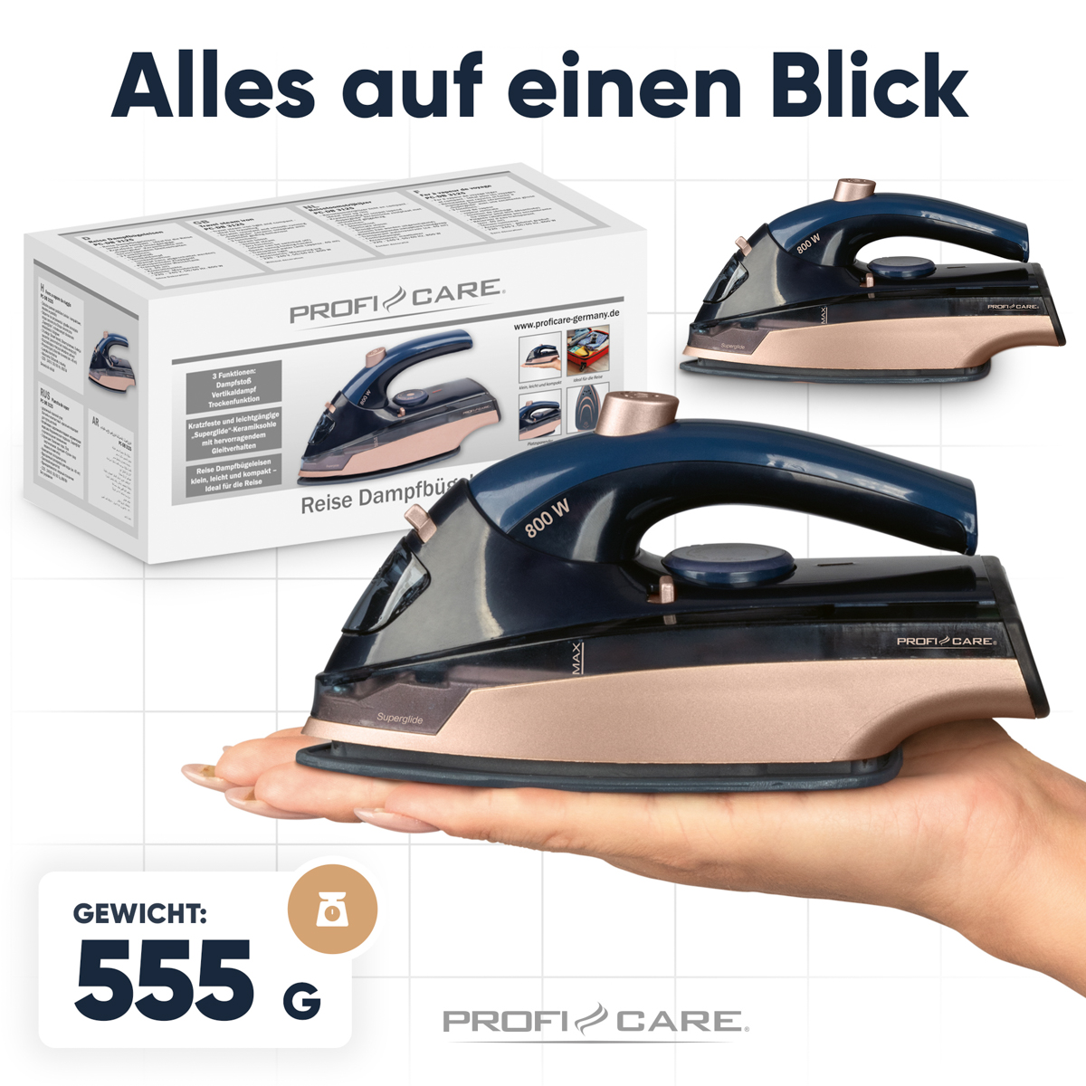 Ręka trzyma niebiesko-złote żelazko. Pudełko i dwa inne żelazka są w tle.