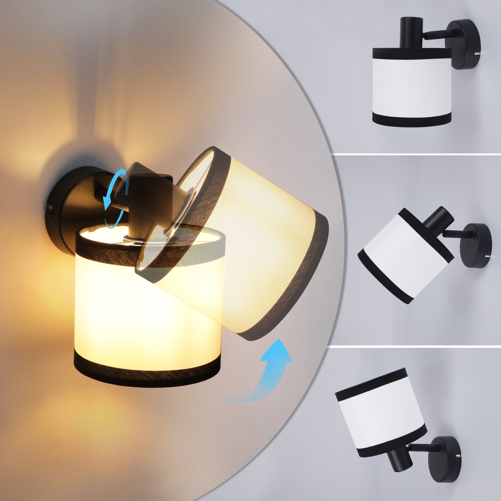 L'immagine mostra una lampada da parete con testa girevole. Design bianco e nero. Vengono mostrate tre posizioni, con frecce blu che indicano il movimento.