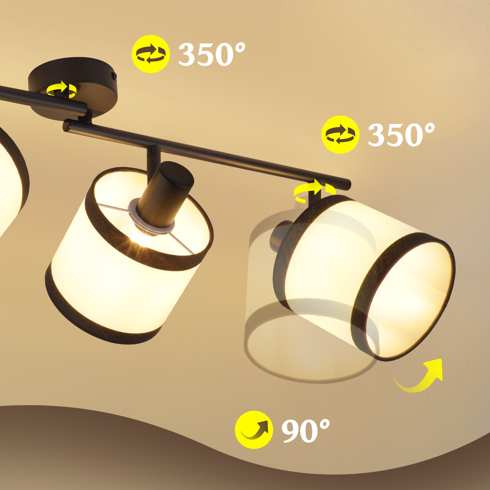 Deckenleuchte mit drei zylindrischen Lampen. Jede Lampe ist drehbar. Das Bild zeigt den Drehwinkel (350° und 90°).
