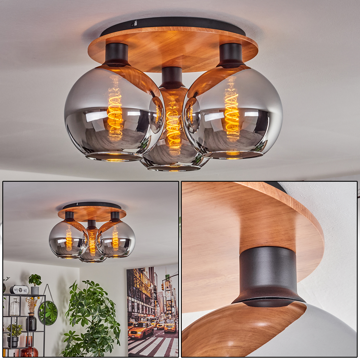 Eine Deckenleuchte mit drei kugelförmigen Glasschirmen, Holzsockel und freiliegenden Glühbirnen. Sie ist an einer weißen Decke montiert.