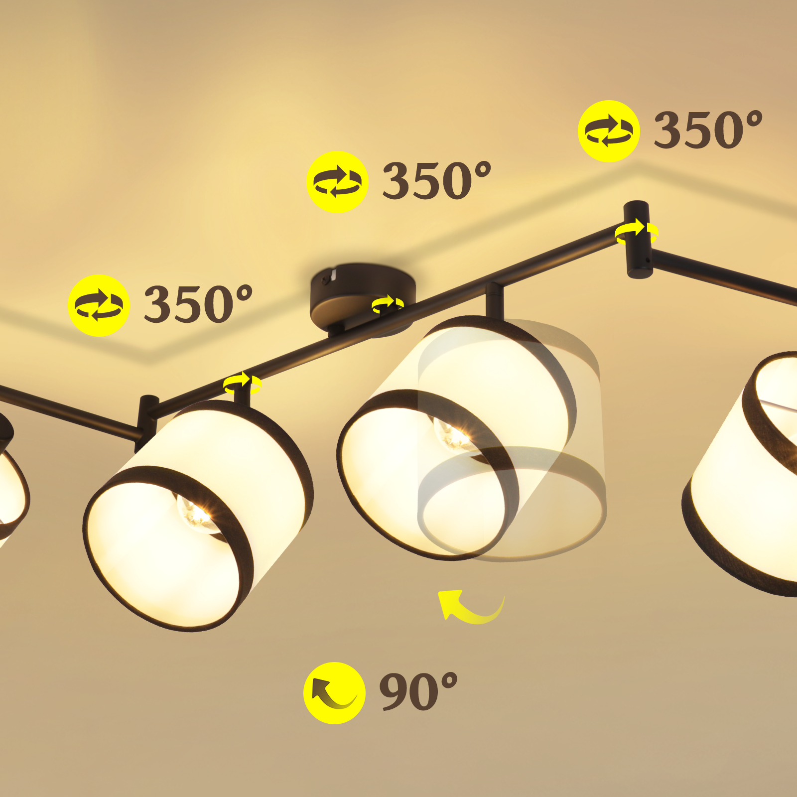 Eine Deckenleuchte mit verstellbaren Lampen. Pfeile zeigen die Drehung und den Bewegungsgrad an.
