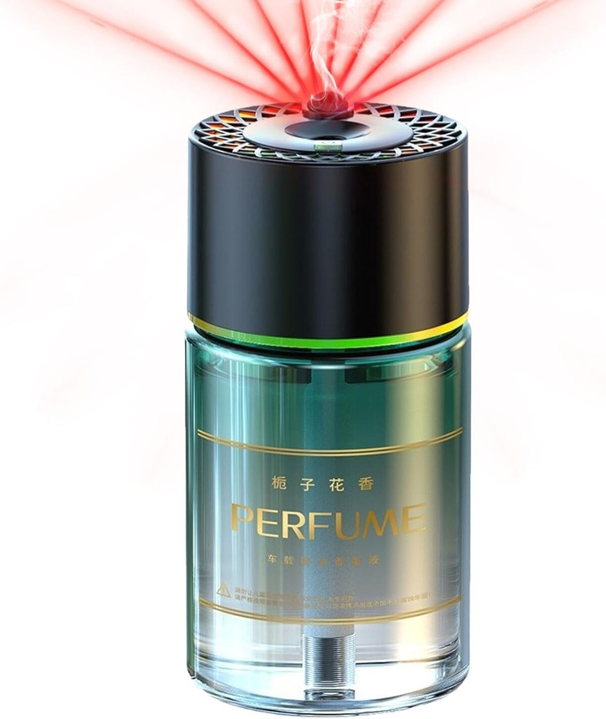 Un difusor de perfume con una parte superior negra que emite luz roja. La base de vidrio es verde con texto chino.