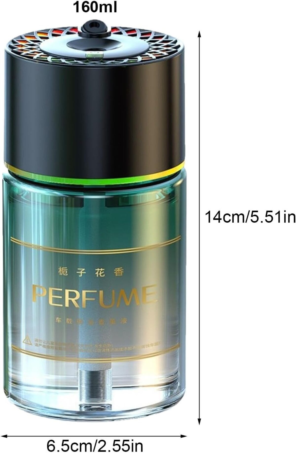 Un ambientador para coche, forma cilíndrica. Es verde-azulado y transparente, con tapa negra. Texto: 'Perfume'.