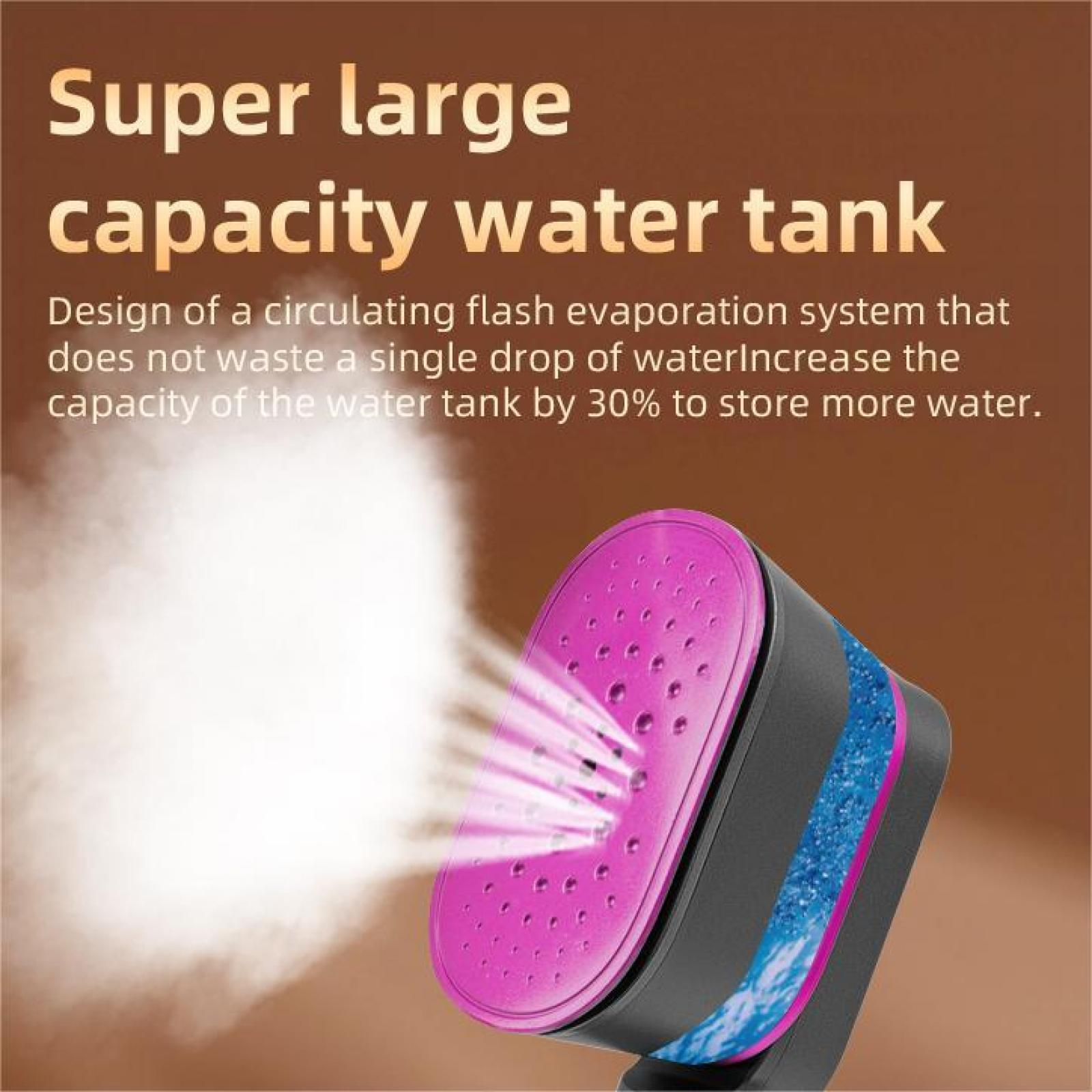 Ein rosa-schwarzes Dampfbügeleisen, aus dem Dampf austritt. Text: 'Super großer Wassertank'.