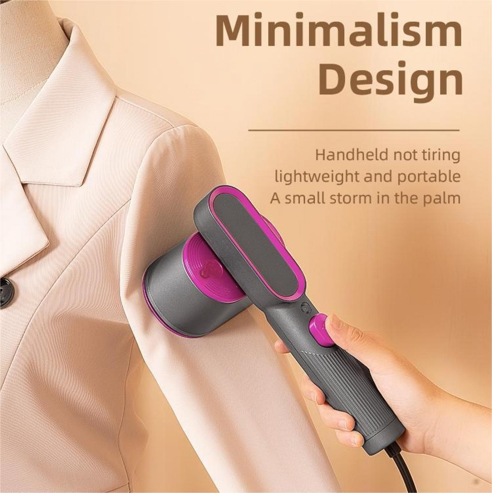Handdampfbügler, der an einem beigefarbenen Blazer verwendet wird. Der Dampfer ist grau und rosa. Der Text oben lautet Minimalismus-Design.
