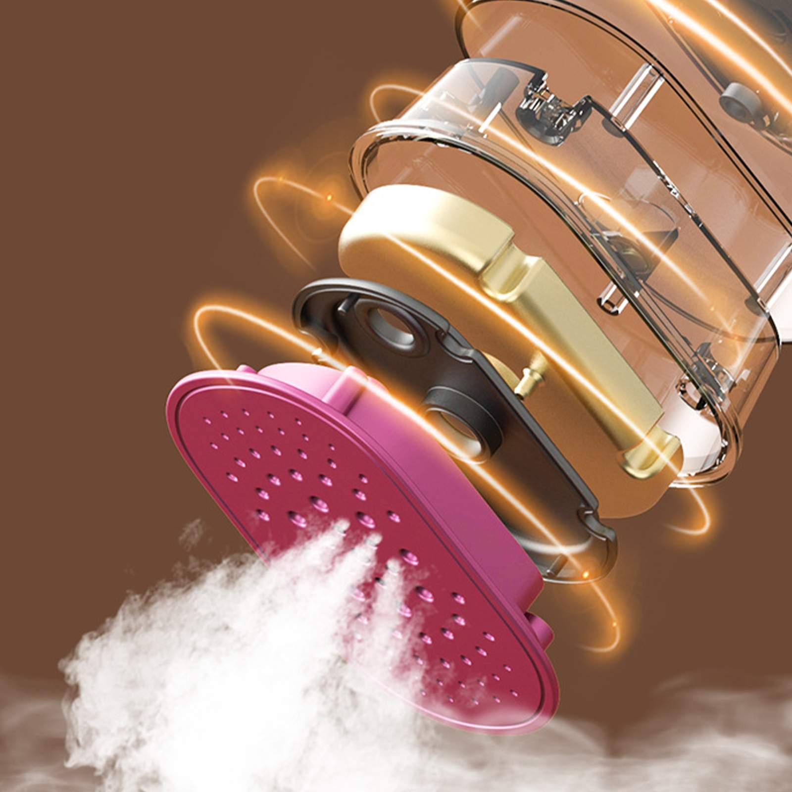 Explosionszeichnung eines pinkfarbenen und goldenen Dampfbügeleisens, aus dem Dampf austritt. Brauner Hintergrund mit orangefarbenen Lichtspuren.