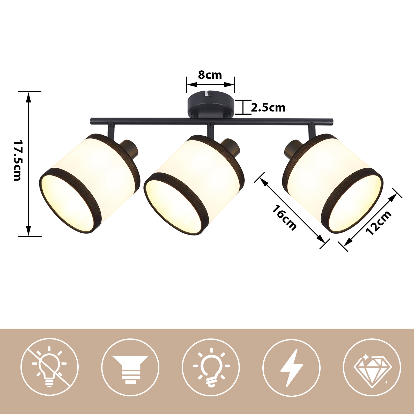 Eine schwarze Deckenleuchte mit drei verstellbaren Lampenköpfen. Jede Lampe hat einen zylindrischen, weißen Lampenschirm mit schwarzem Rand.