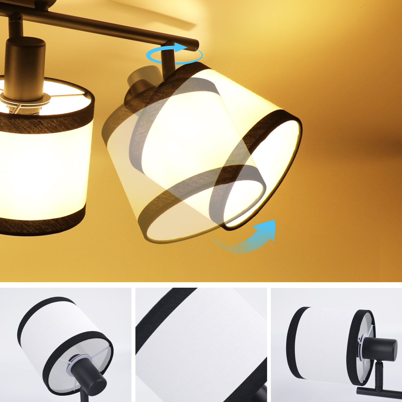 Deckenlampe mit weißen Schirmen, schwarzem Rand und Richtungspfeilen auf gelbem Hintergrund.