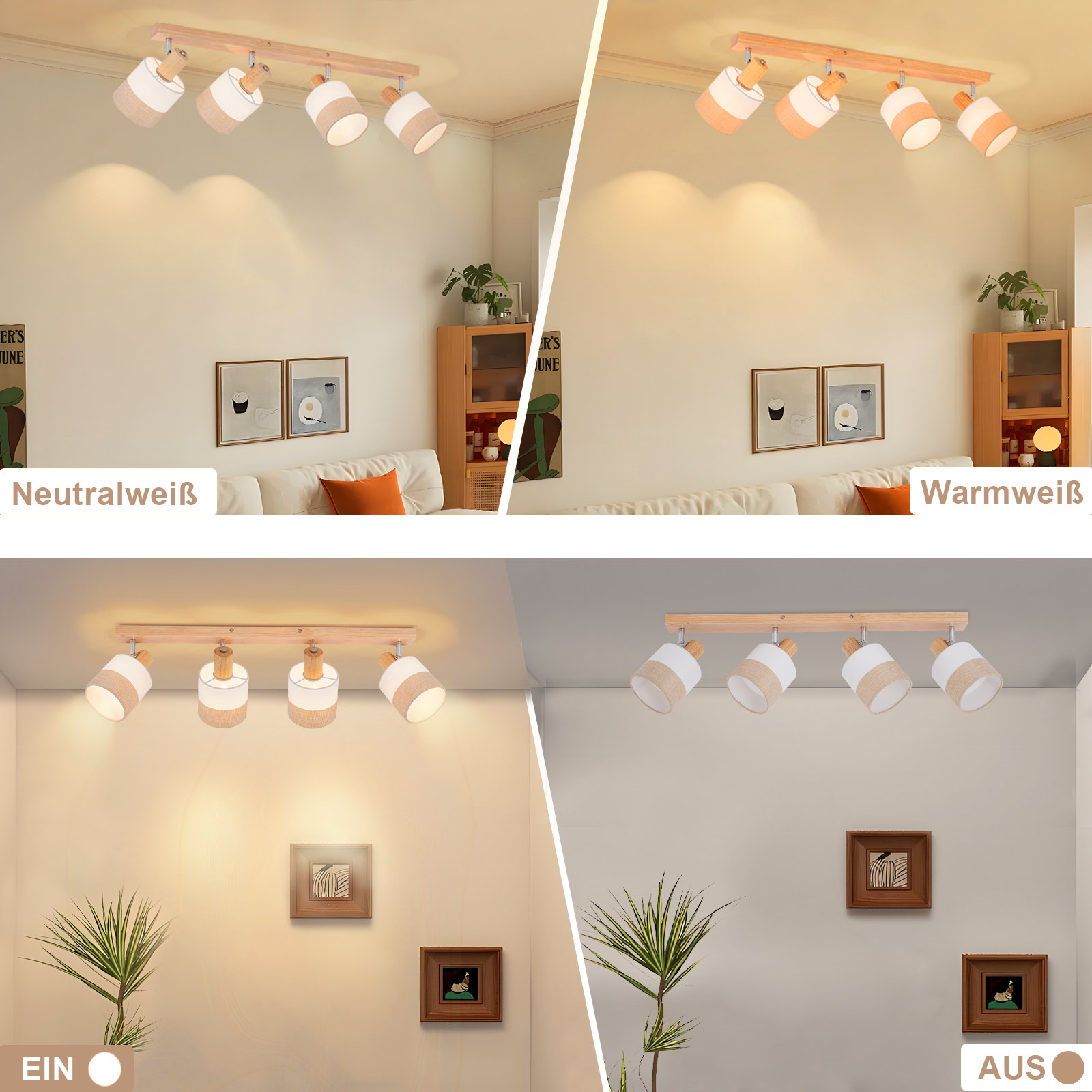 Lampa sufitowa z czterema reflektorami. Światła są białe i beżowe, drewniana belka. Pokój jest beżowy.