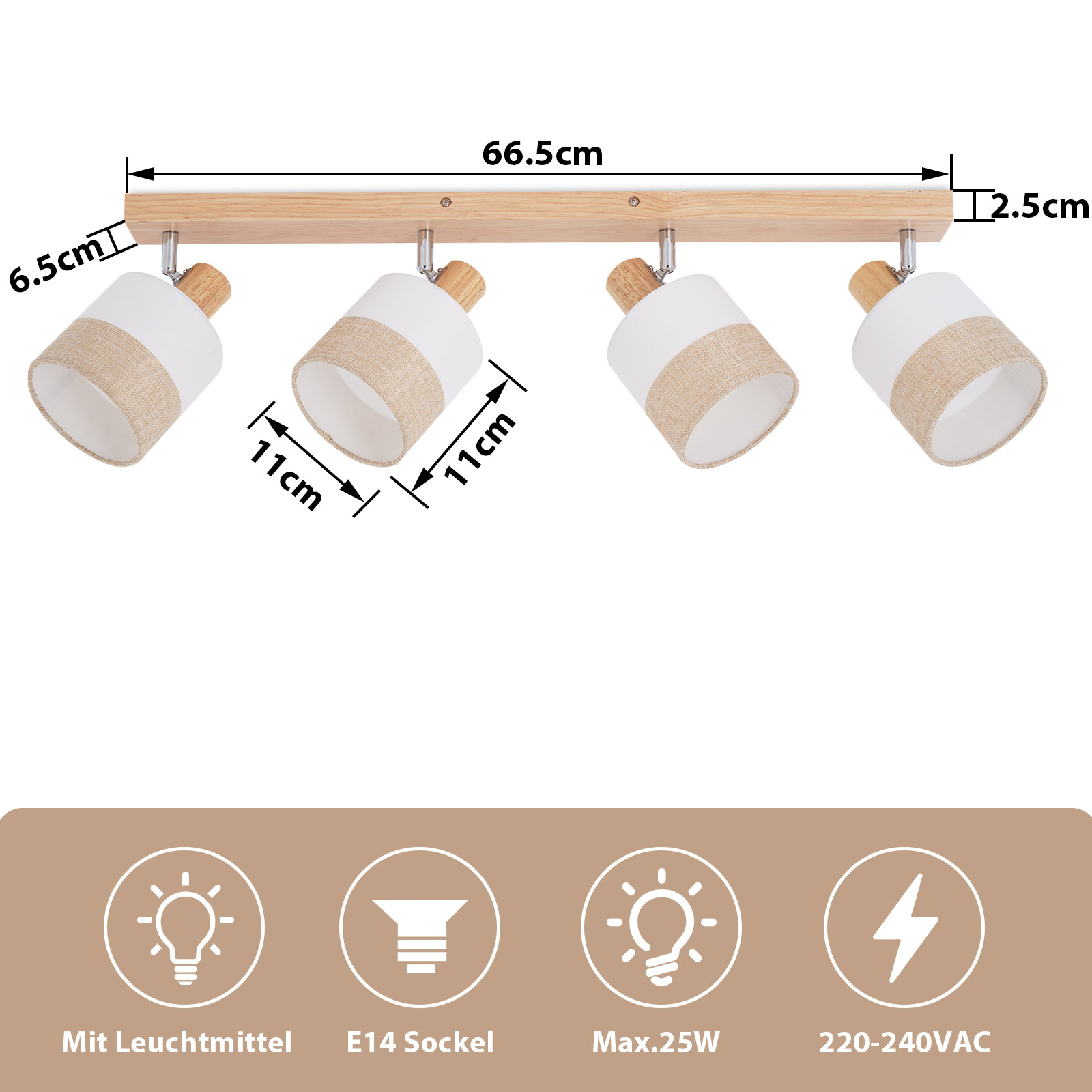 Oprawa oświetleniowa z czterema cylindrycznymi lampami. Każda lampa ma białą górną część i dolną część z beżowej tkaniny.