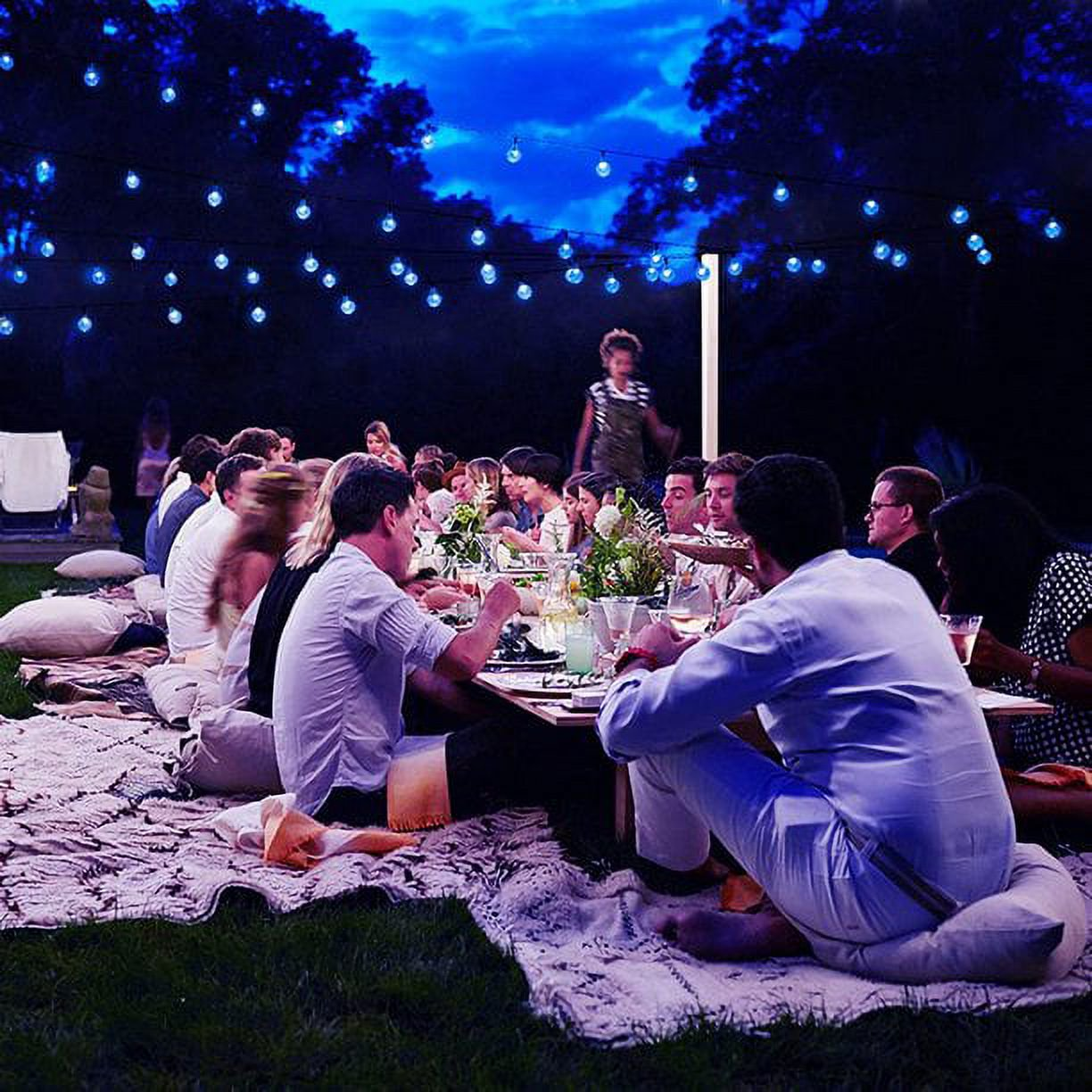 Menschen bei einem Abendessen im Freien. Sie sitzen auf einer Decke um einen Tisch, beleuchtet von Lichterketten bei Nacht.