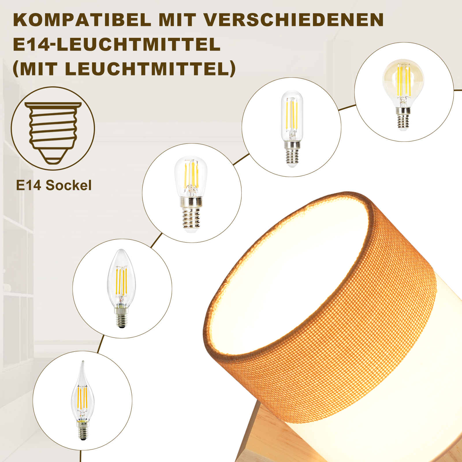 Obraz przedstawia różne żarówki E14 i lampę. Tekst opisuje kompatybilność z różnymi źródłami światła E14. Lampa ma drewnianą podstawę.