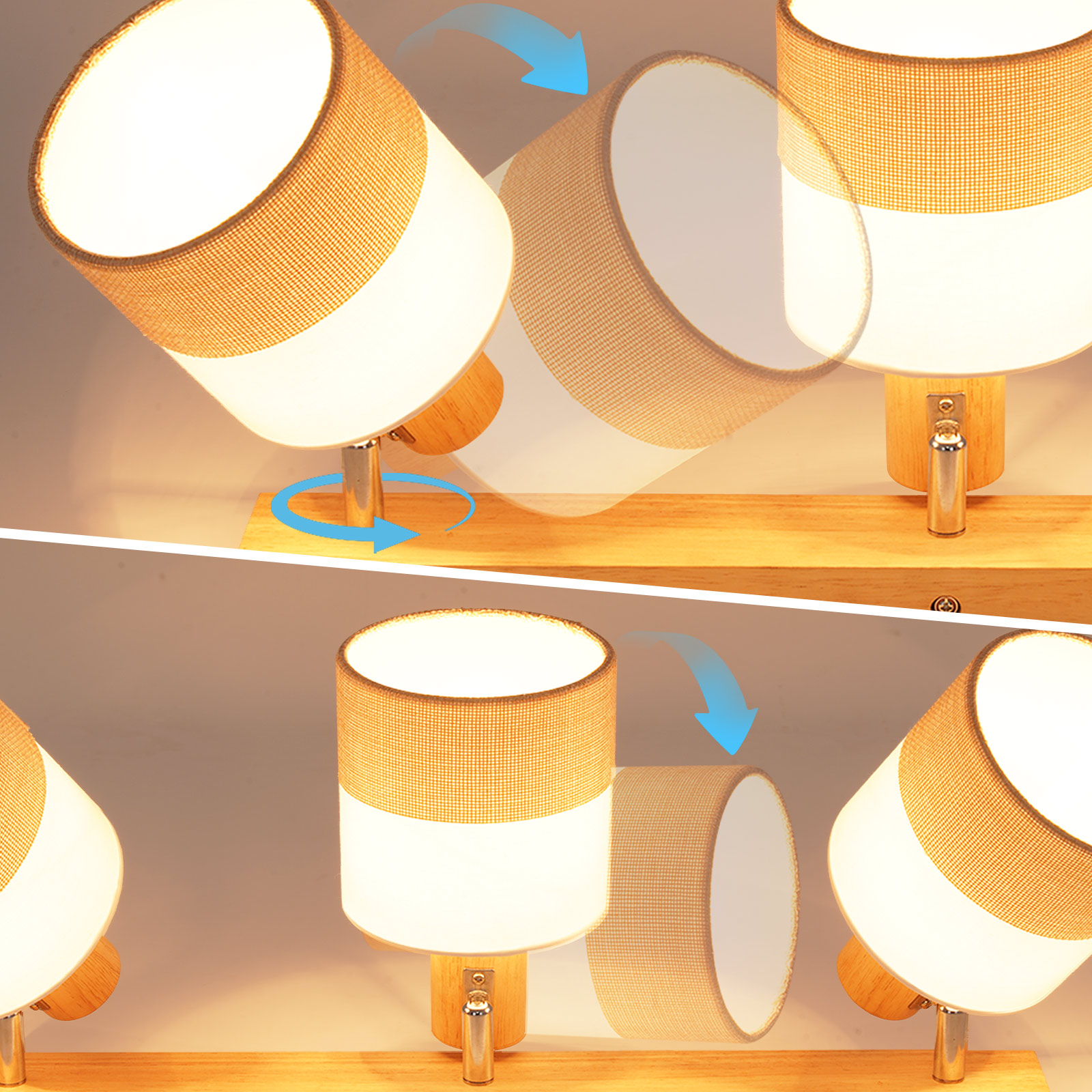 Dwie lampy z regulowanymi kloszami. Beżowe klosze, białe wnętrza, drewniane podstawy. Strzałki wskazują obrót.