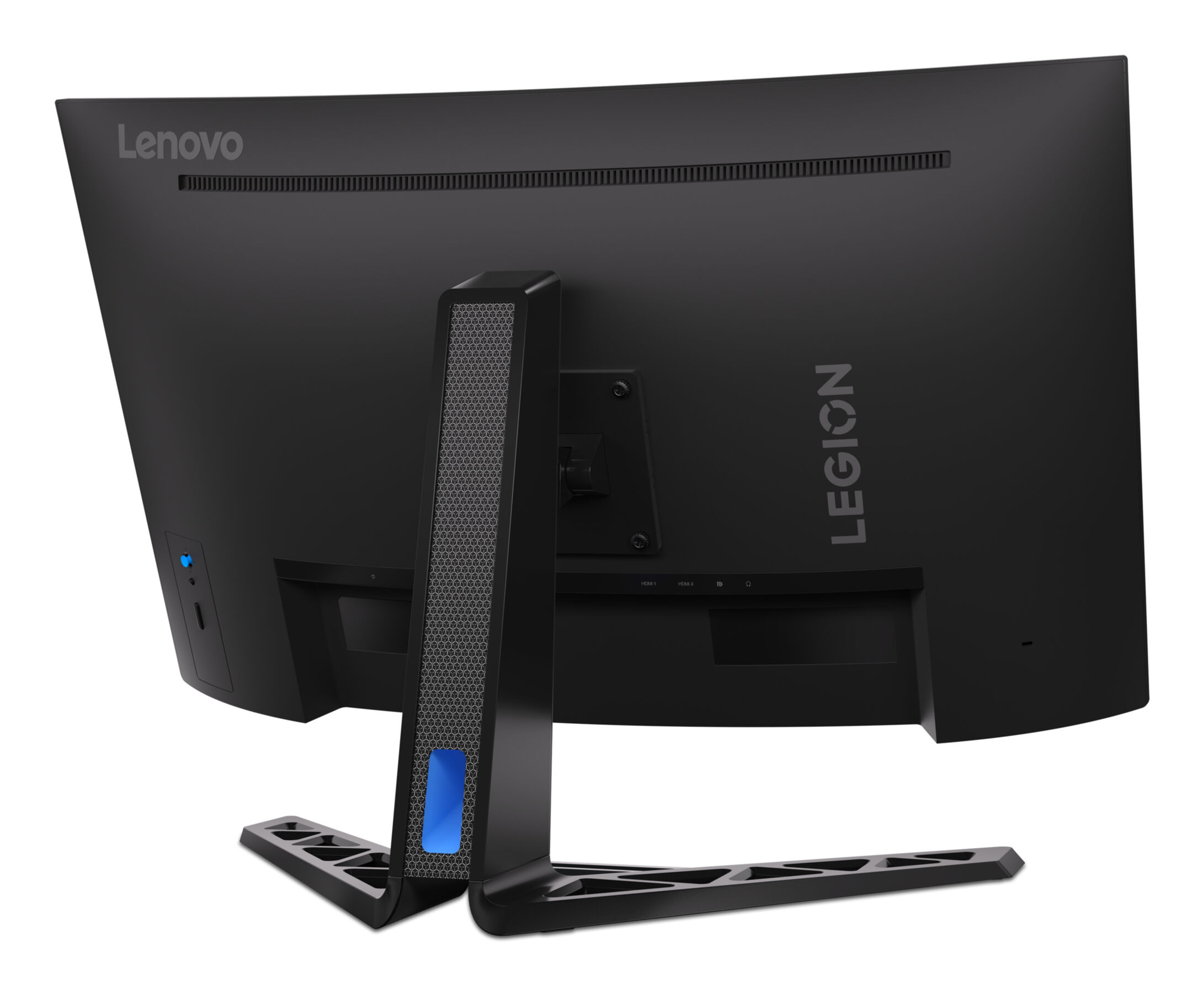 Tył czarnego monitora Lenovo Legion. Ma podstawkę, widoczne są loga Lenovo i Legion.