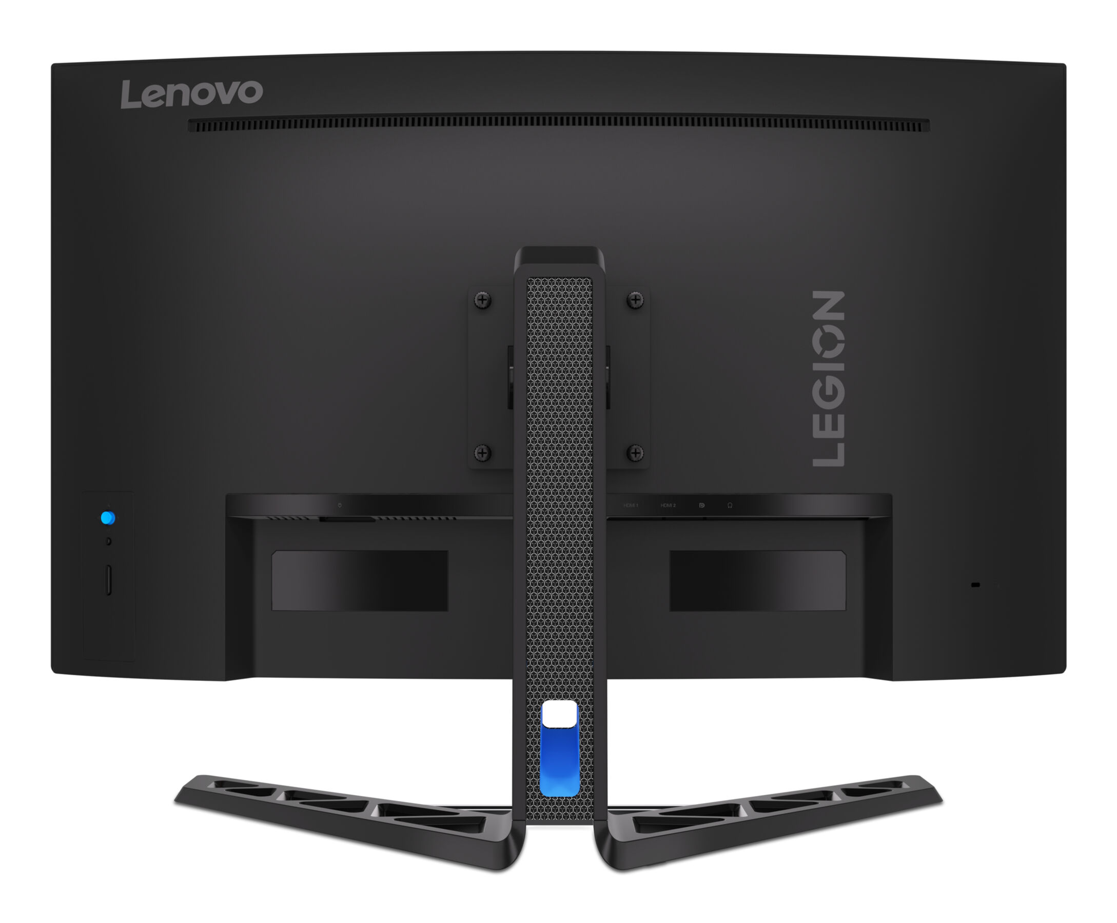 Tył czarnego monitora Lenovo Legion. Ma centralną podstawę i podstawę. Logo Lenovo znajduje się u góry.