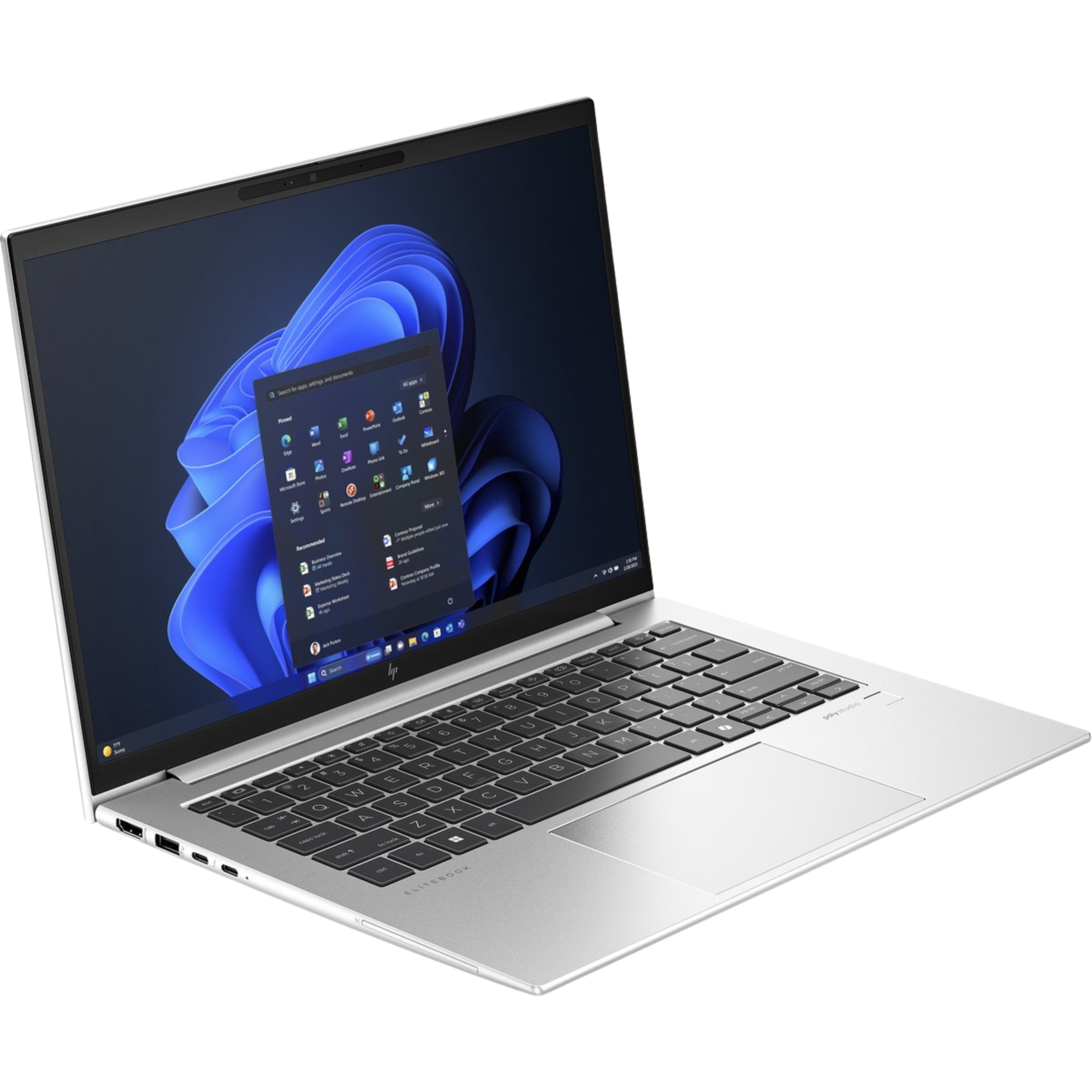 Zilveren HP Elitebook laptop open, Windows 11 interface zichtbaar, zwart toetsenbord, zwarte achtergrond.