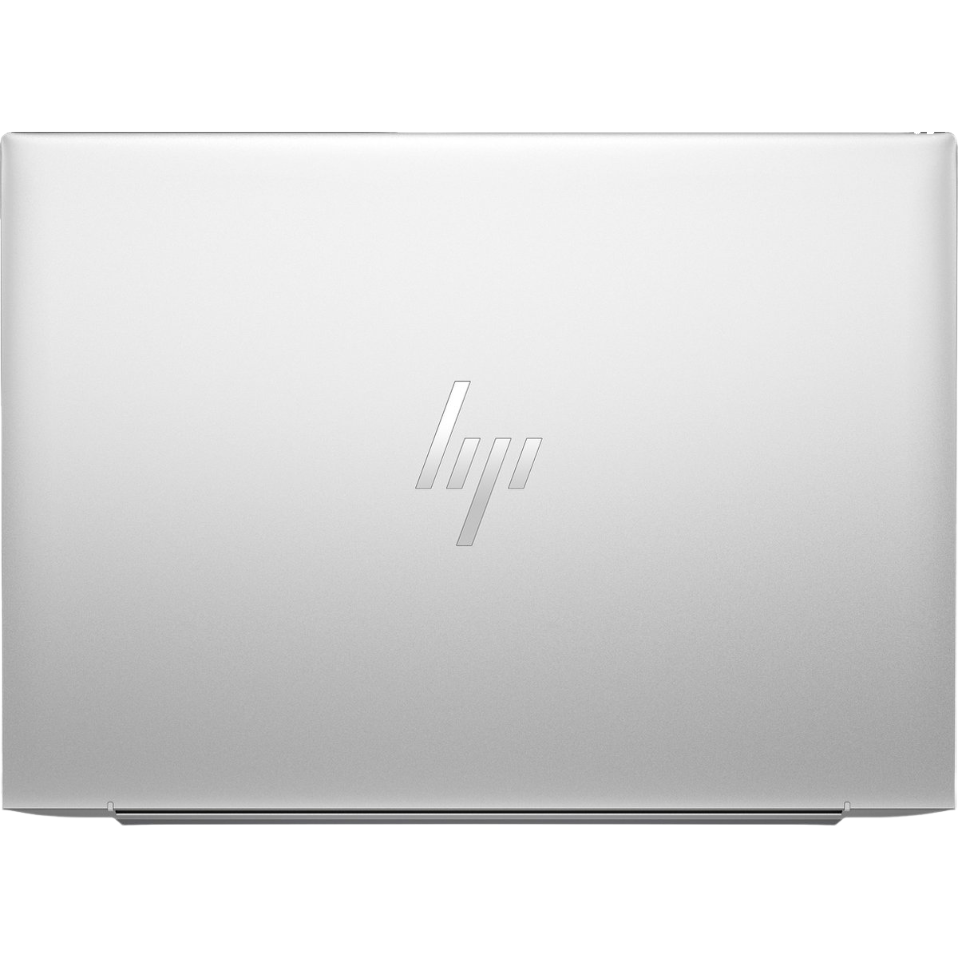 Een zilveren laptopdeksel met het HP-logo in het midden. De deksel is gesloten en reflecteert licht.