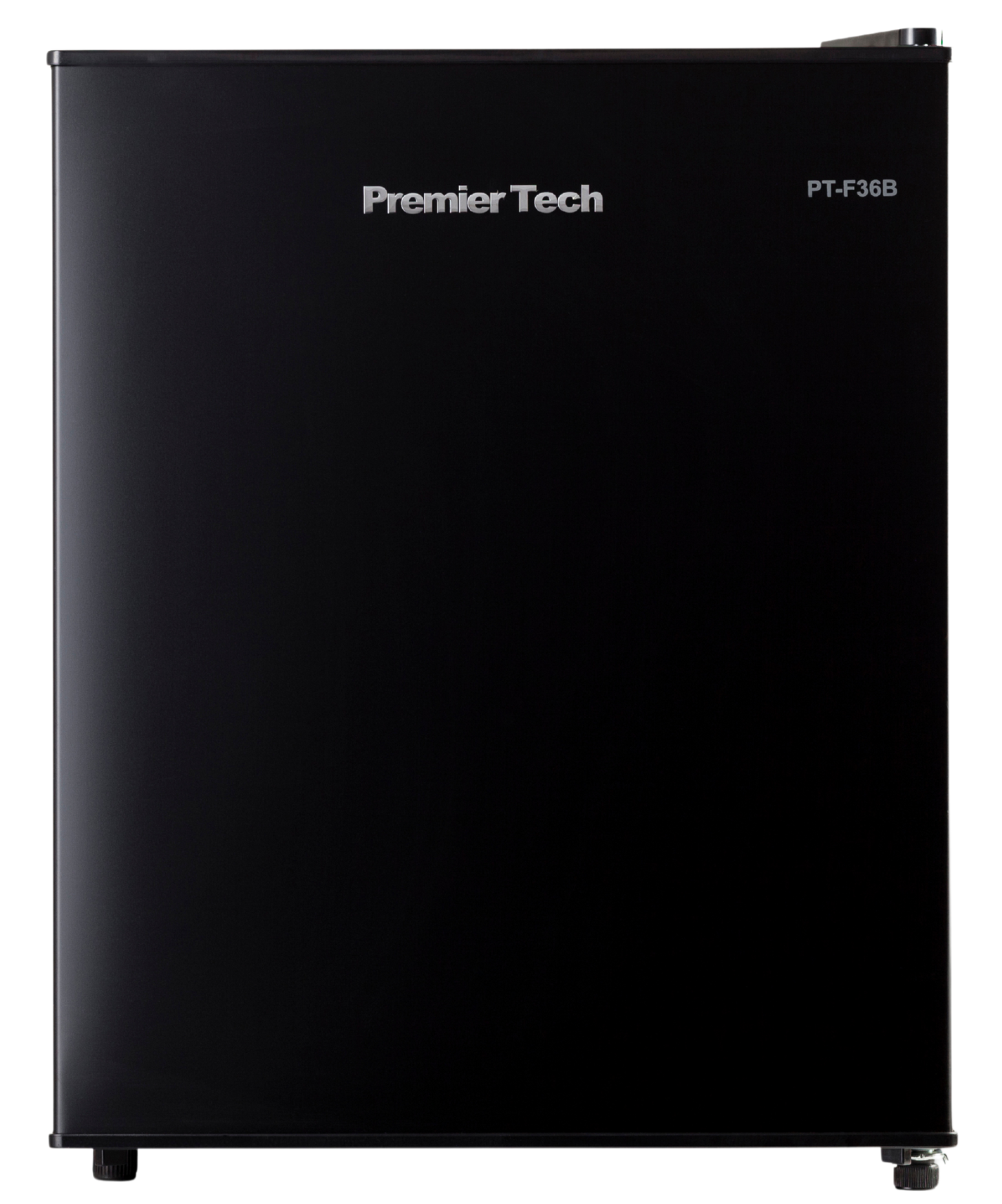 Un mini-frigorifero nero Premier Tech con il numero modello PT-F36B su sfondo bianco.