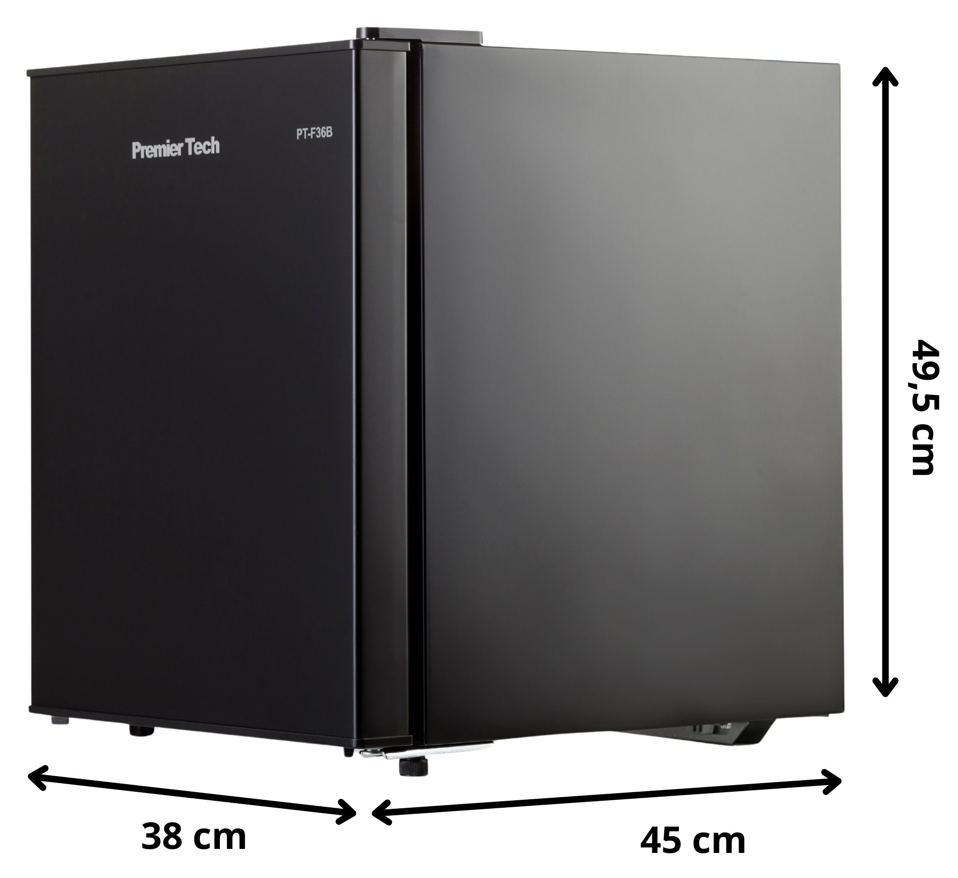 Mini frigo nero Premier Tech. Dimensioni: 38 cm larghezza, 45 cm profondità e 49,5 cm altezza.