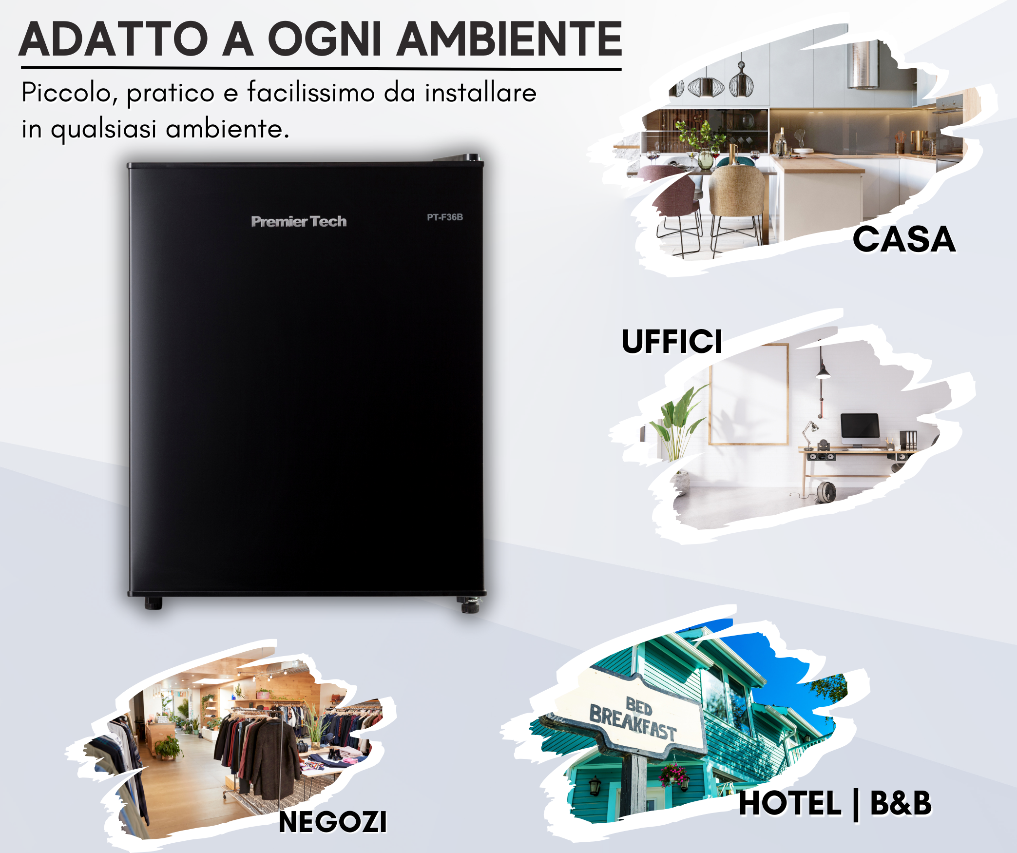 Viene mostrato un mini-frigorifero nero, con testo sulla sua idoneità per diversi ambienti come casa, ufficio, negozi e hotel.