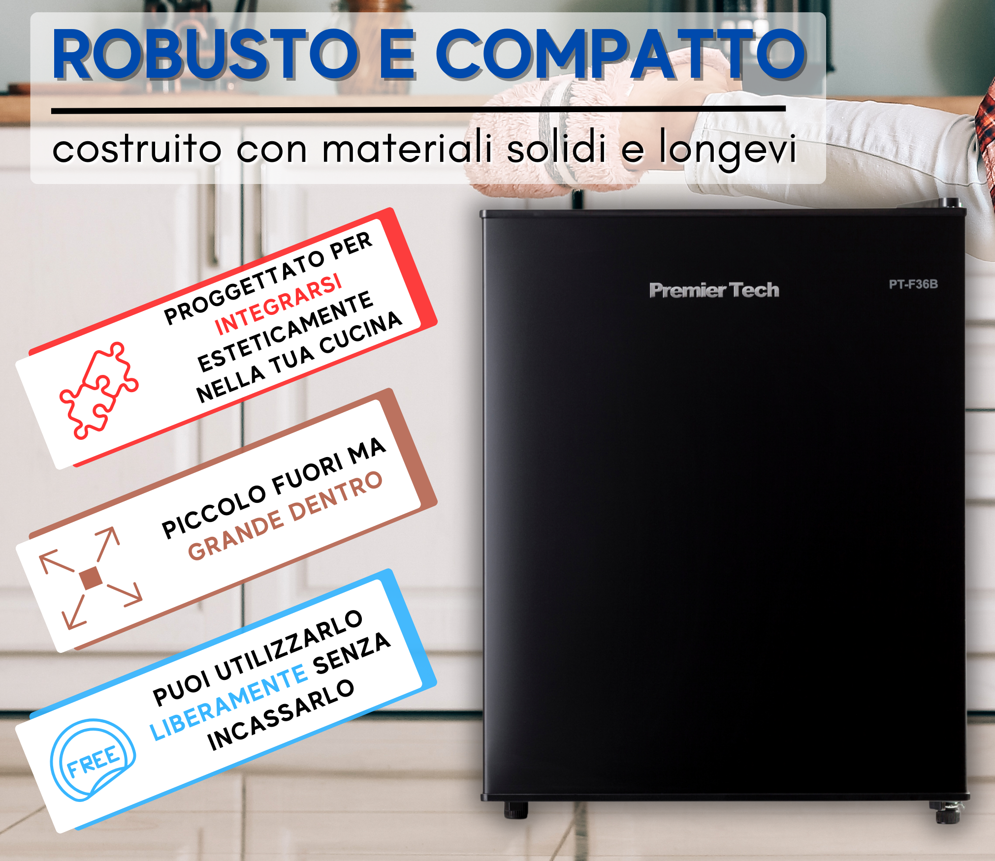 Mini-frigorifero nero con etichette di testo che descrivono le sue caratteristiche. Il marchio è Premier Tech.