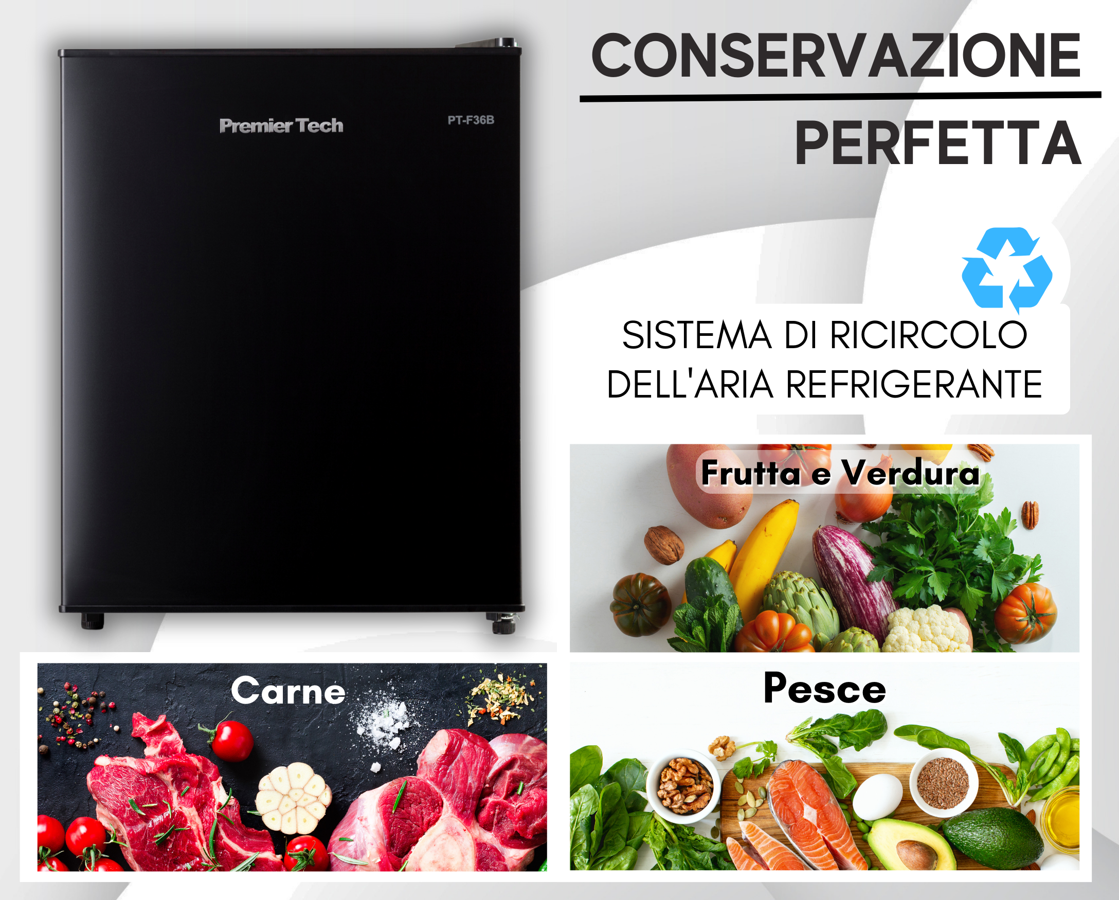 Mini-frigorifero nero con logo Premier Tech e immagini di cibo: carne, frutta, verdura e pesce. Testo: 'CONSERVAZIONE PERFETTA'.