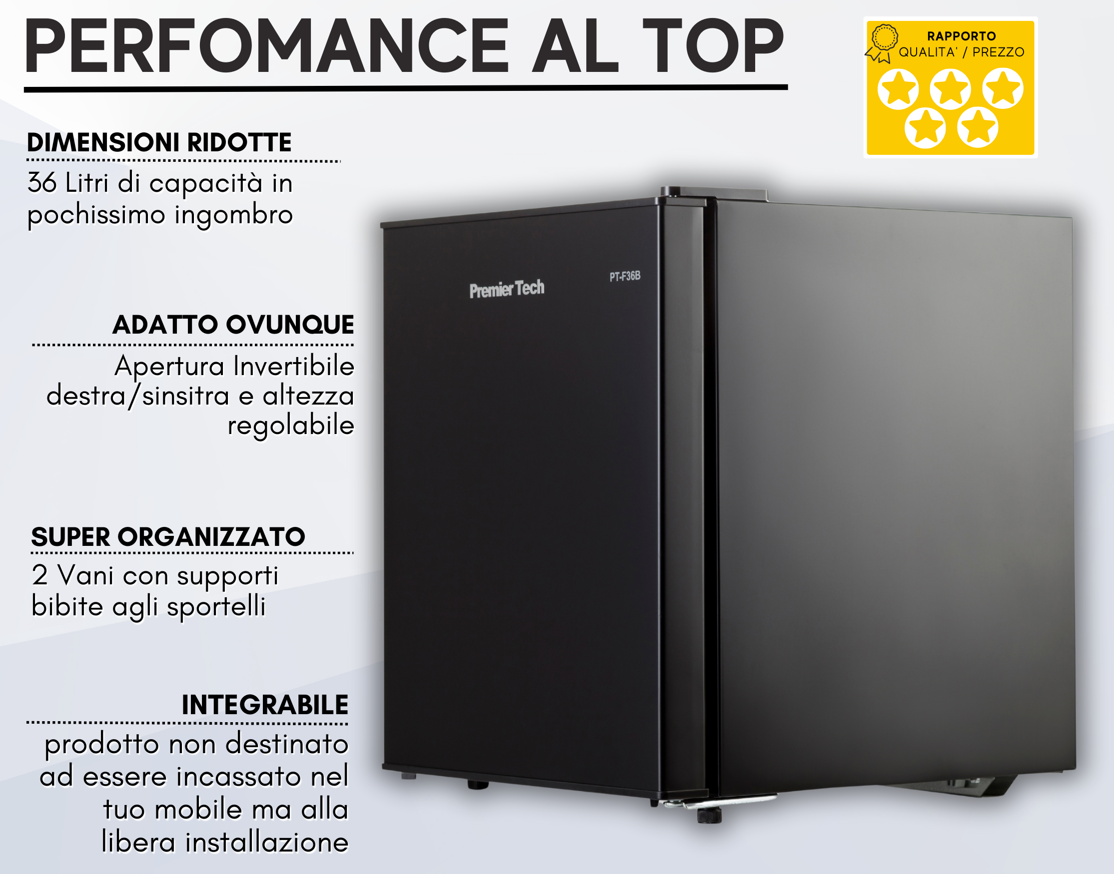 Un mini frigo nero con logo Premier Tech. Il testo indica dimensioni ridotte, apertura adattabile e interno organizzato.