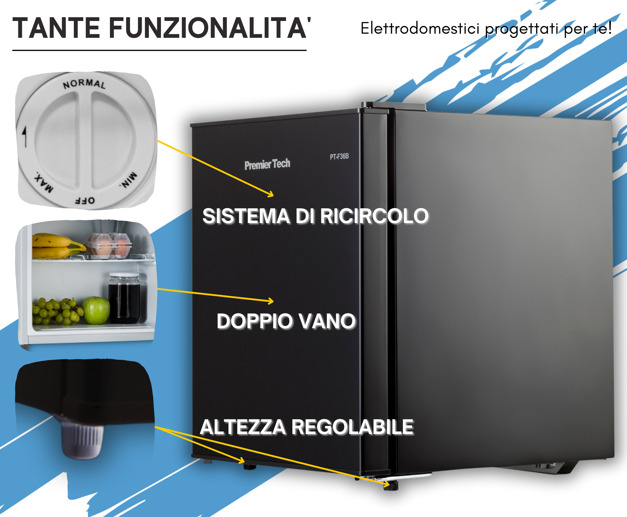 Un frigorifero nero con etichette che indicano caratteristiche come un quadrante, un doppio scomparto e altezza regolabile. Frutta visibile all'interno.