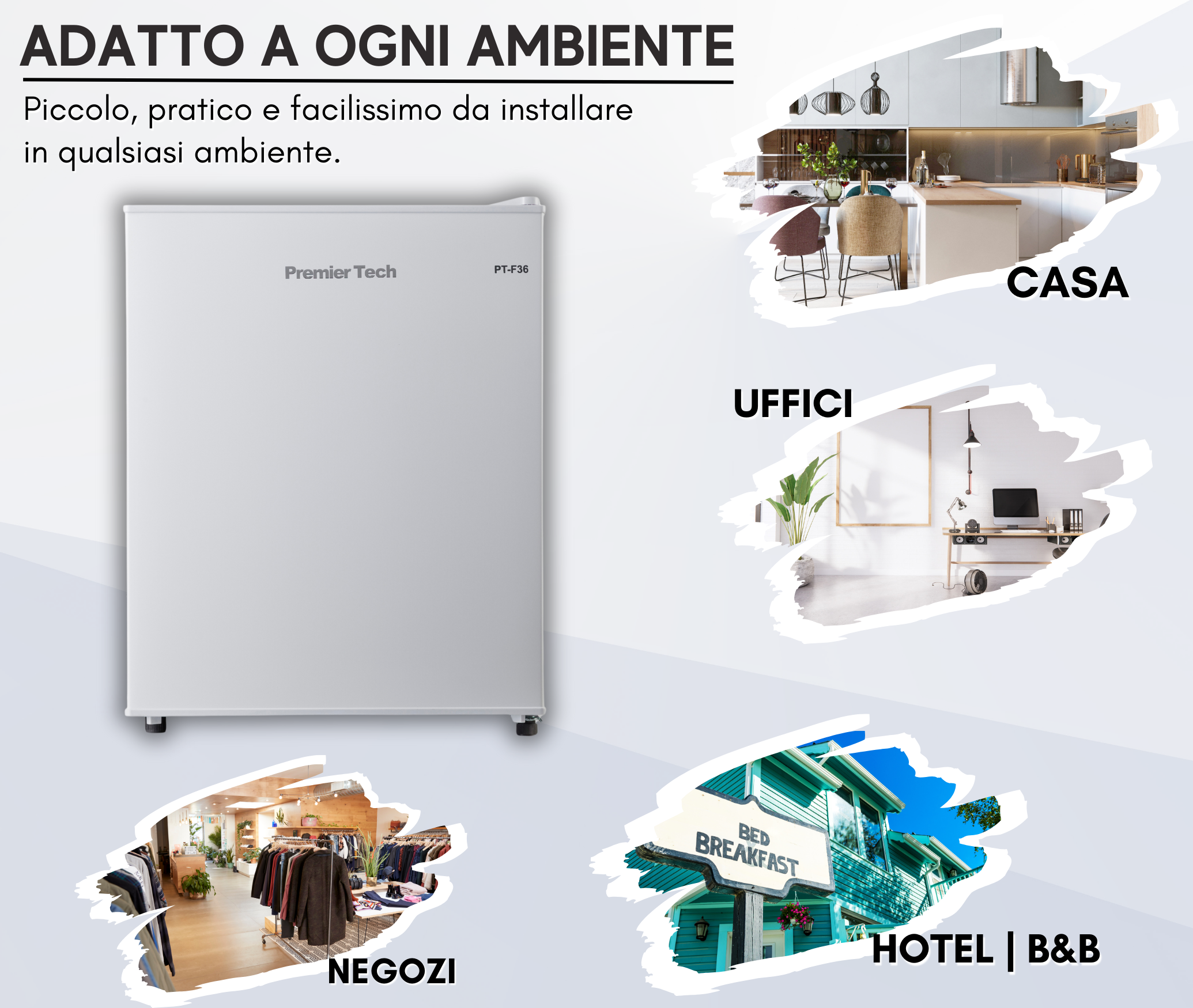 Viene mostrato un mini frigo bianco Premier Tech. Sullo sfondo ci sono scene di una casa, un ufficio, un negozio e un hotel.
