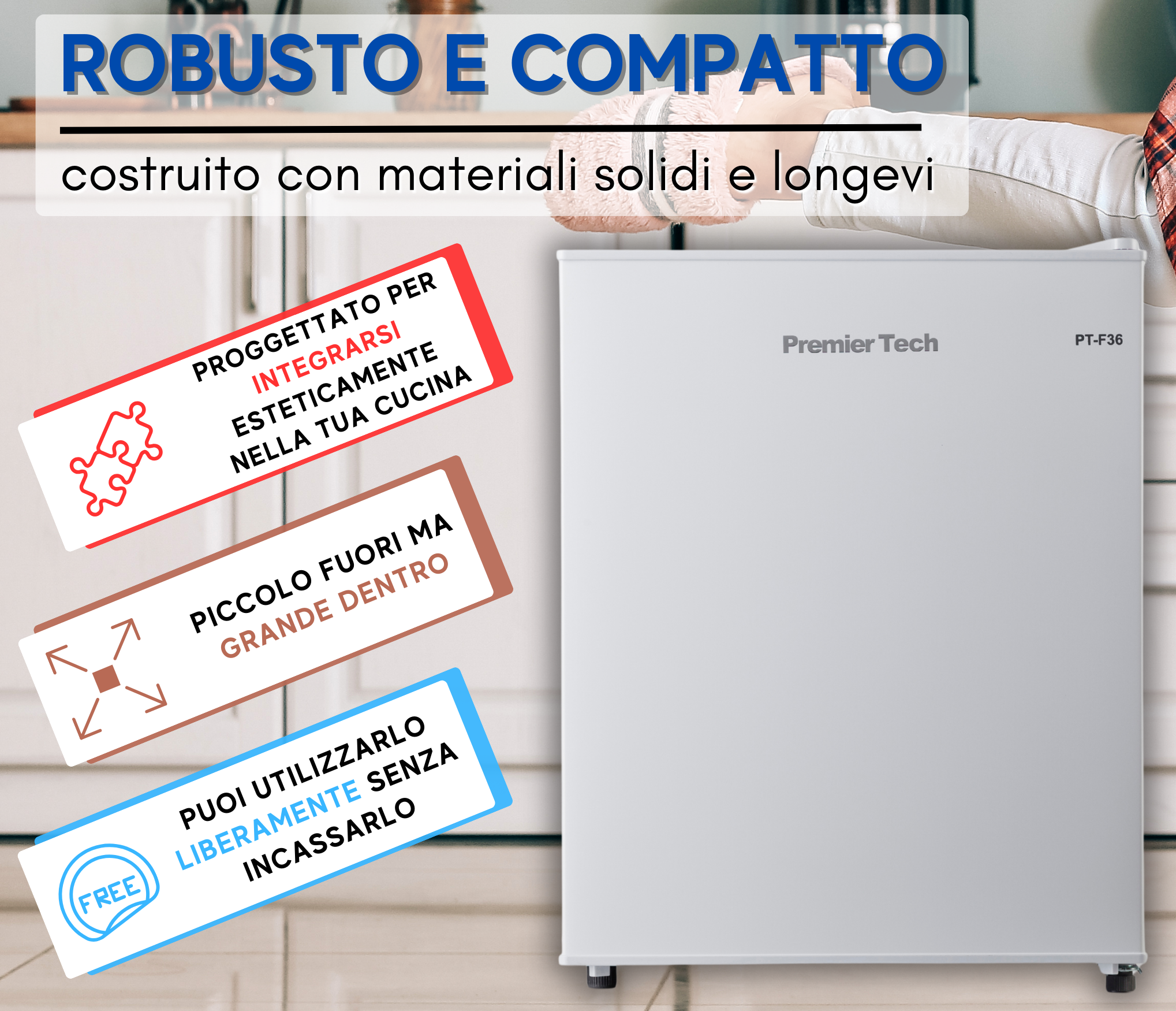 Un frigorifero Premier Tech bianco con etichette di testo. È piccolo ma con una grande capacità.