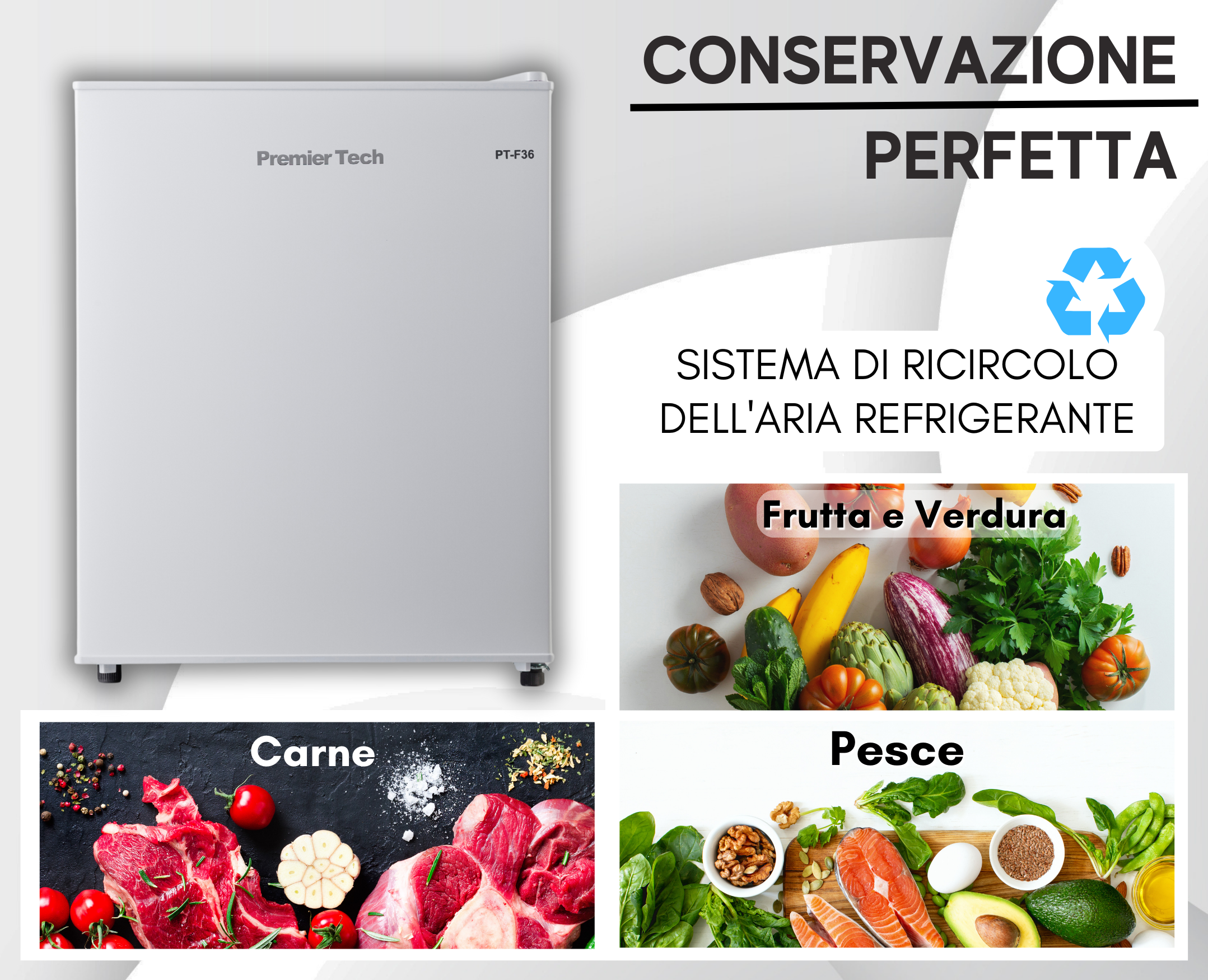 Un frigorifero Premier Tech bianco con testo sulla conservazione degli alimenti. Sono mostrate immagini di frutta, verdura, carne e pesce.