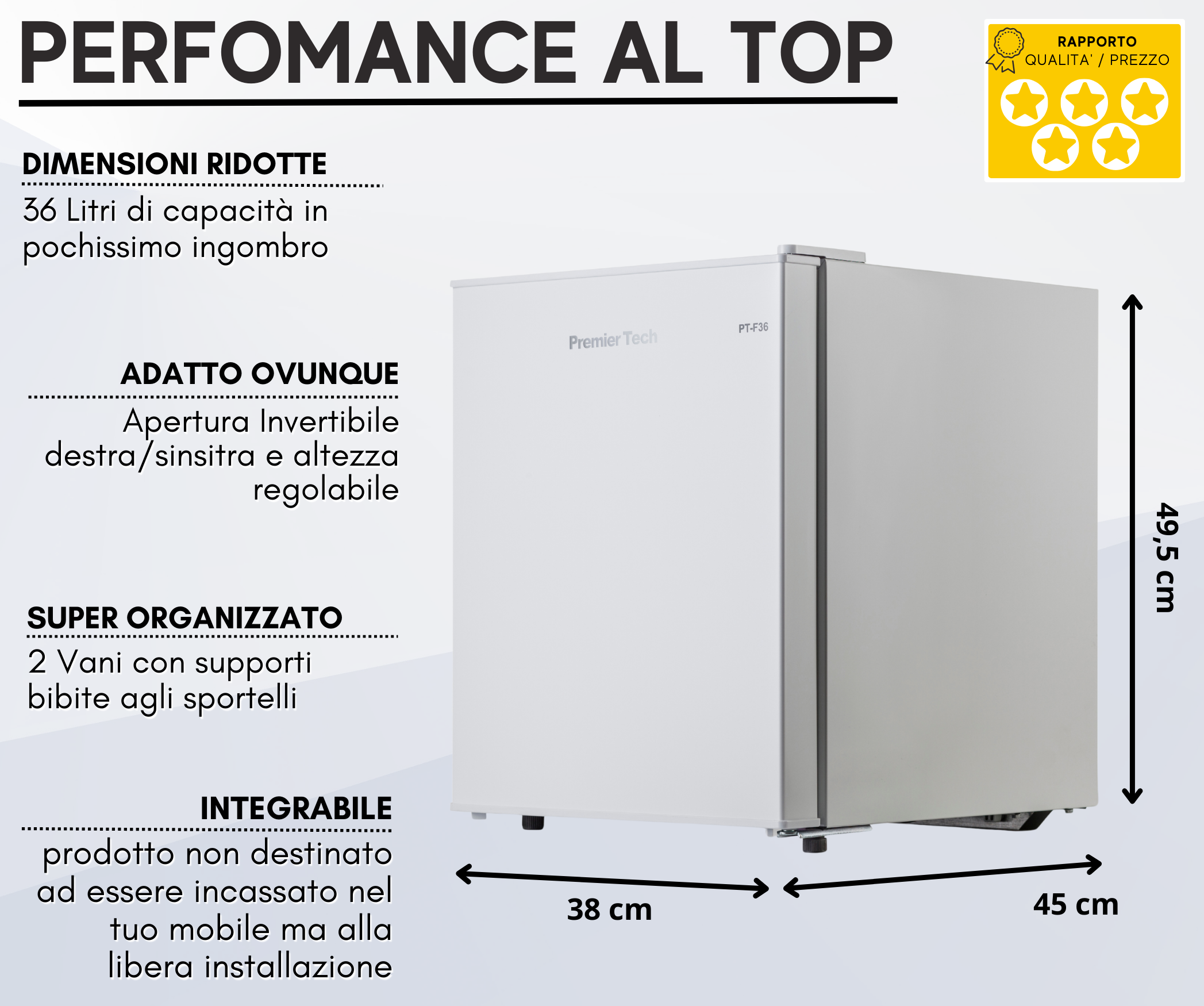 Un frigorifero bianco con dimensioni e caratteristiche elencate. Viene mostrata una valutazione qualità/prezzo.