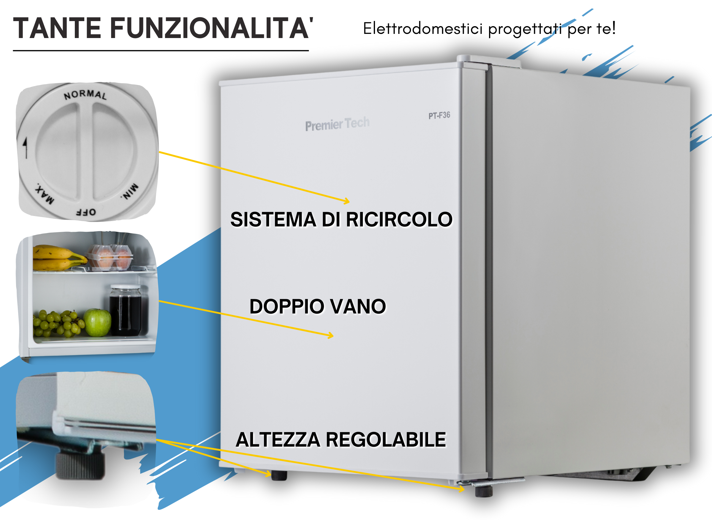 Un frigorifero Premier Tech bianco con funzioni etichettate. All'interno, frutta e un barattolo sono visibili.