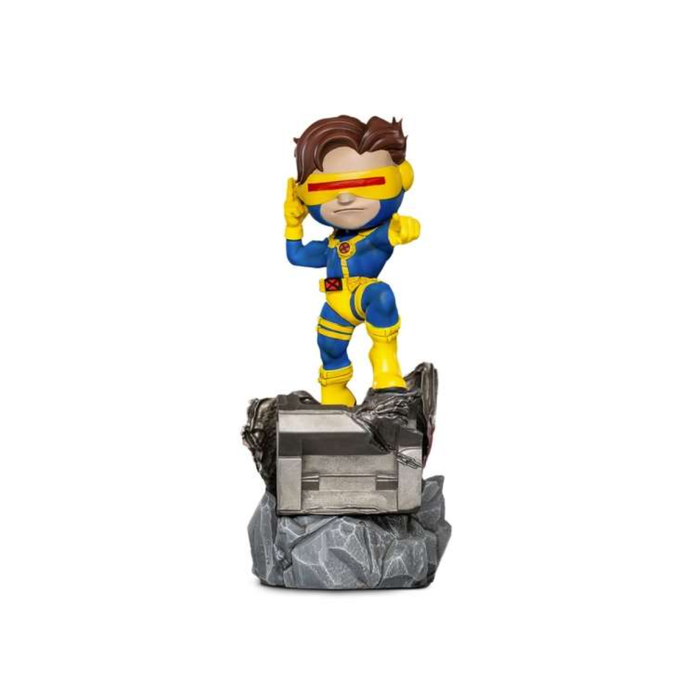Una statuetta di Ciclope su una base rocciosa. Indossa un costume blu e giallo con visiera.