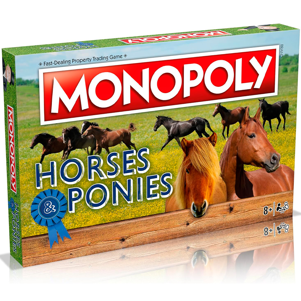 Scatola del gioco da tavolo Monopoly intitolata 'Horses & Ponies'. Mostra cavalli in un campo. La scatola è verde con testo rosso e bianco.