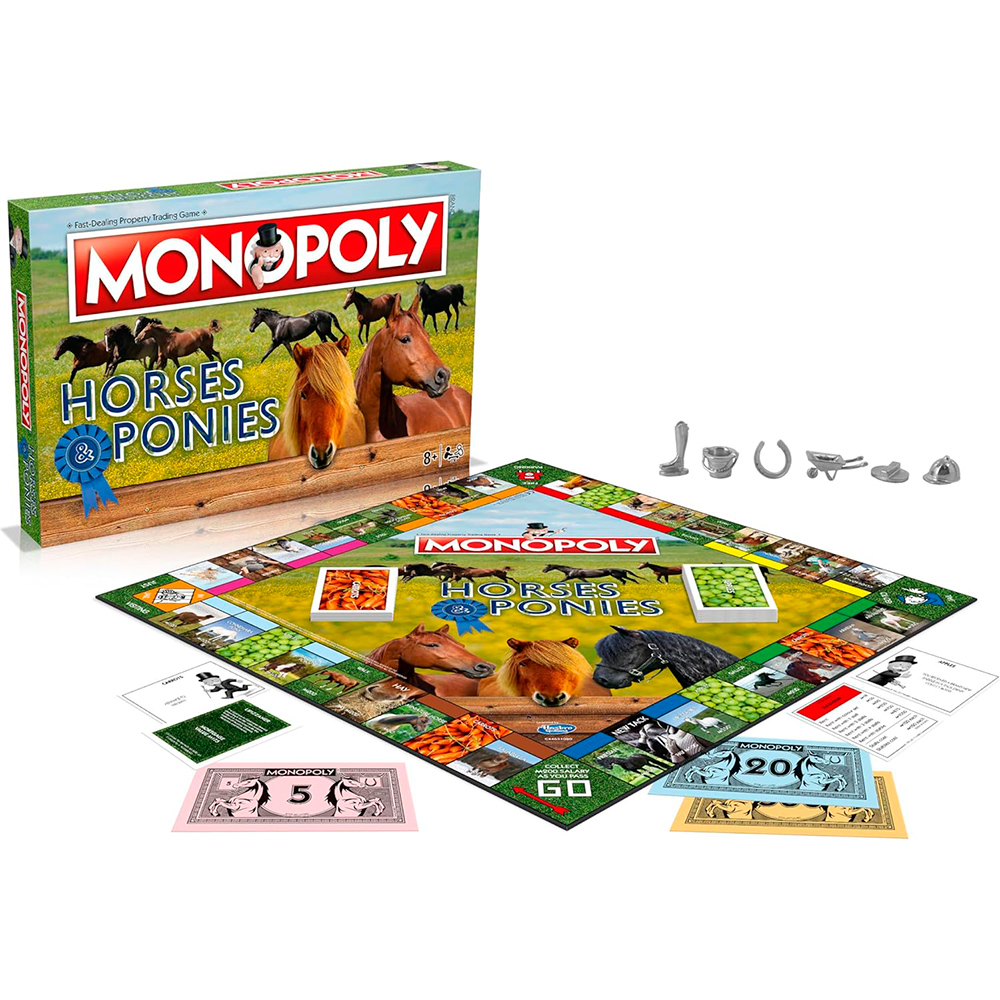 Gioco da tavolo Monopoly Cavalli e Pony con scatola, denaro, pedine e tabellone con cavalli. Sulla scatola si legge 'Monopoly Cavalli e Pony'.