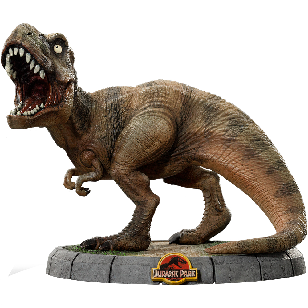 Una statua dettagliata di un dinosauro T-Rex con la bocca aperta, che mostra i denti. Si trova su una base con il logo di Jurassic Park.