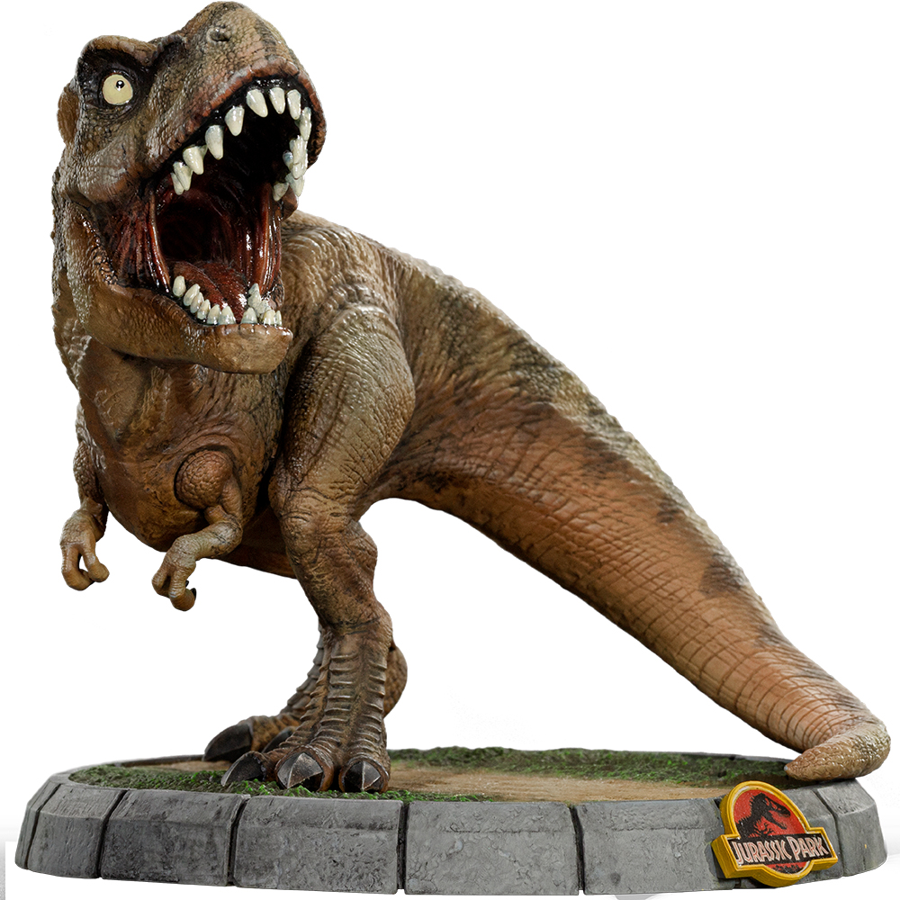 Una statua di Tyrannosaurus Rex con la bocca aperta su una base con il logo di Jurassic Park. Il dinosauro è marrone con denti affilati.