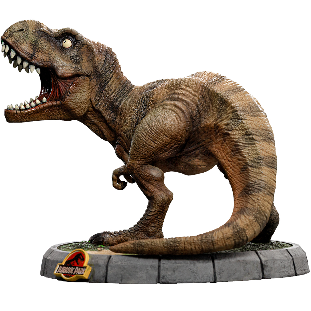 Una statua marrone di Tyrannosaurus Rex con bocca aperta, denti affilati e una base con il logo 'Jurassic Park'.