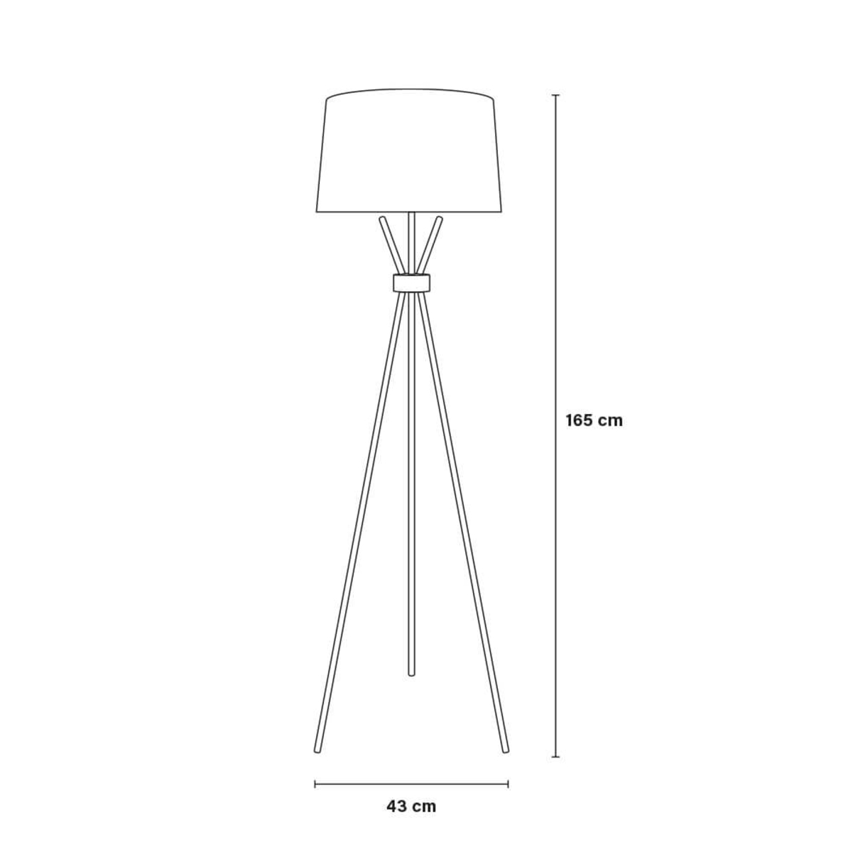 Eine Strichzeichnung einer Stehlampe. Sie hat einen Lampenschirm und ein Stativ. Die Maße sind 165 cm hoch und 43 cm breit.