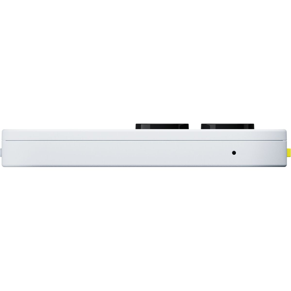 Białe urządzenie elektroniczne z dwoma czarnymi okrągłymi przyciskami na górze. Mała czarna kropka i żółty port są widoczne z boku.