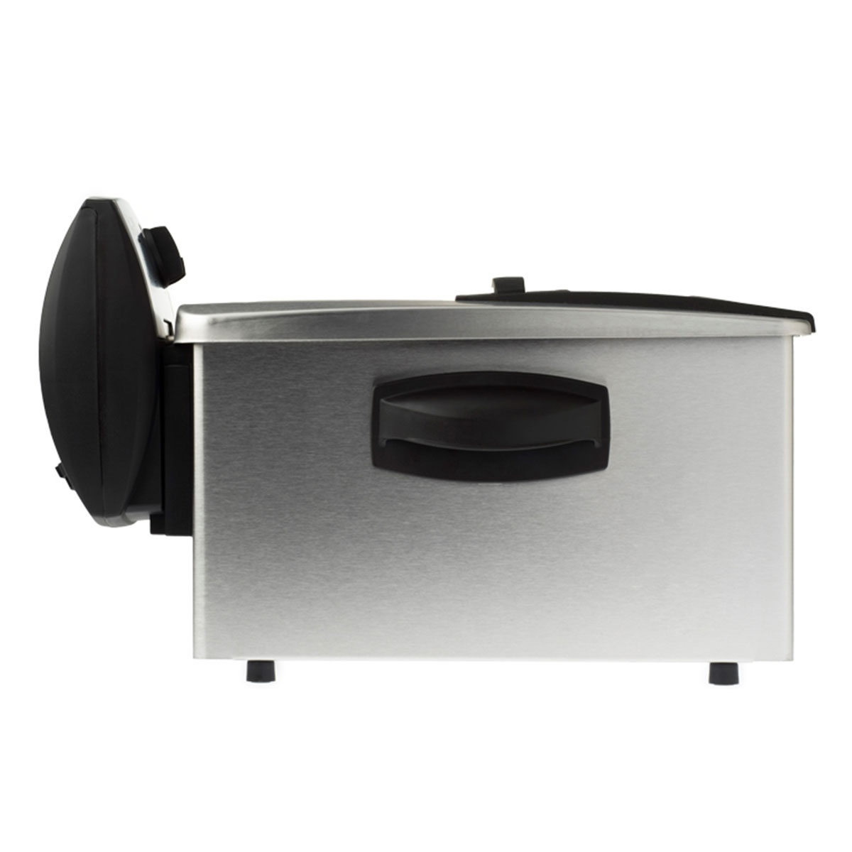 Side view of a stainless steel deep fryer. It has a black control panel, handle, and lid. The background is white.