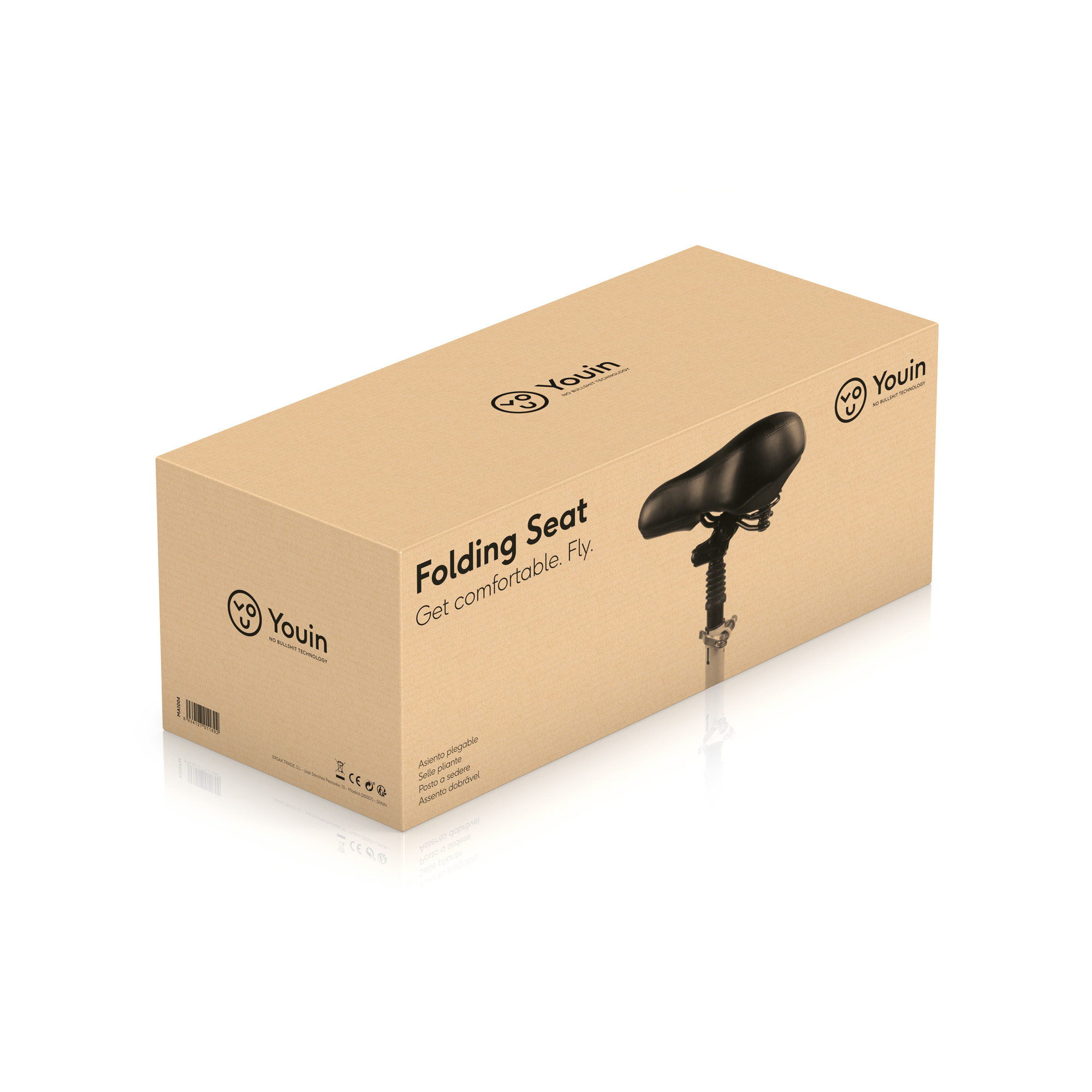 Una caja marrón con un asiento de bicicleta negro. La caja tiene el logotipo de la marca y el texto 'Folding Seat'.